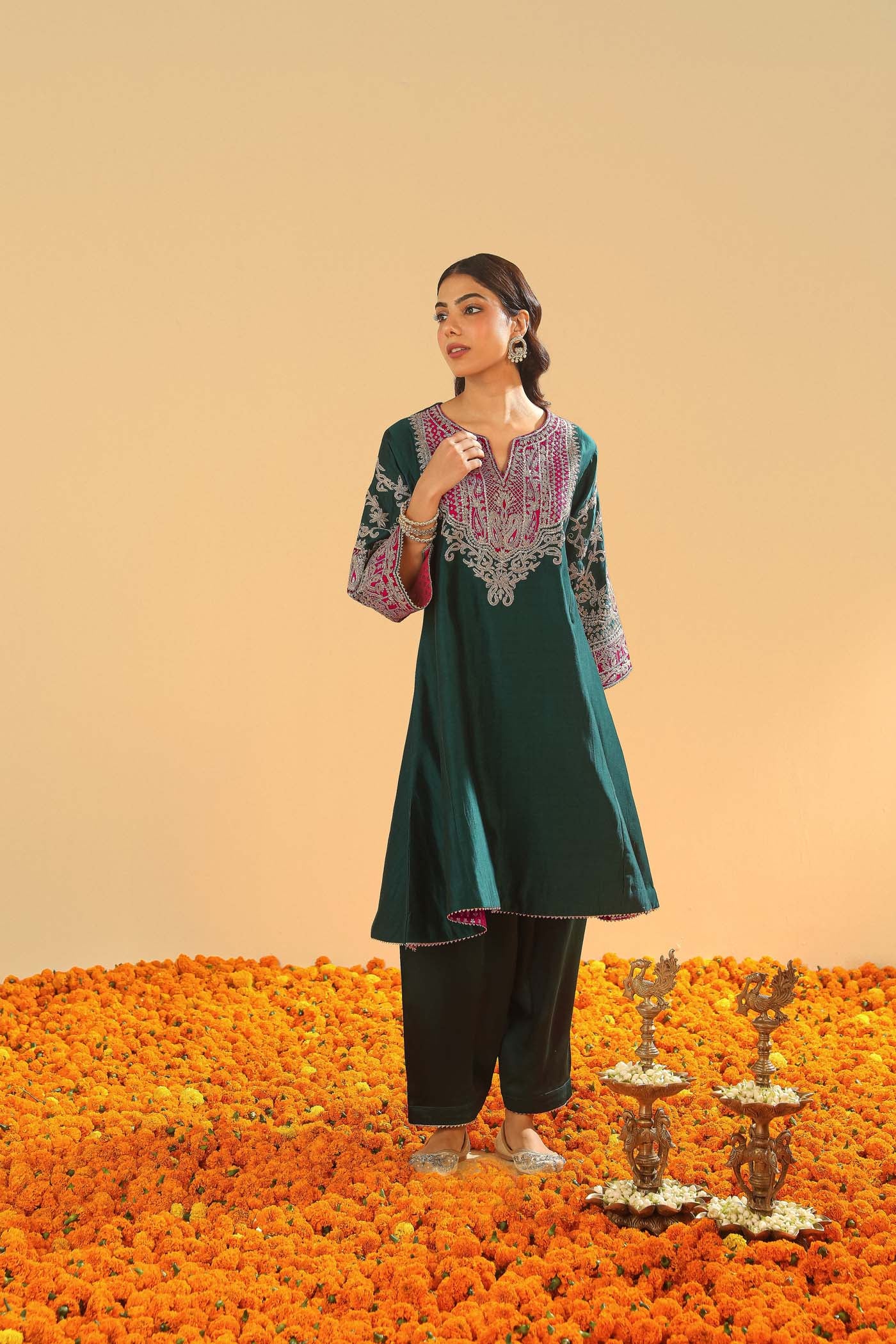 Mohsina - Emerald Green Short Kalidaar Chauga with Salwar - Image 3
