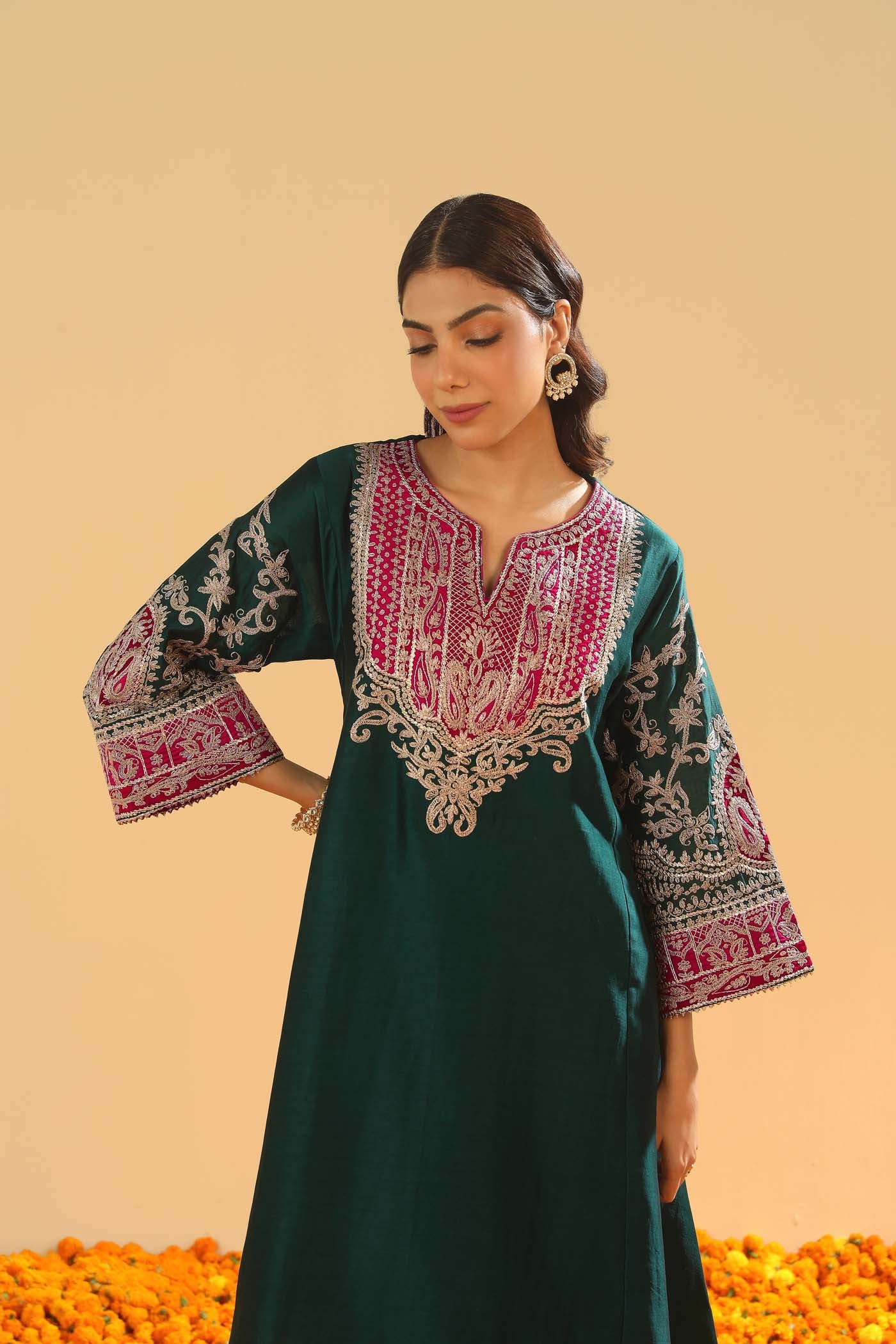 Mohsina - Emerald Green Short Kalidaar Chauga with Salwar - Image 4