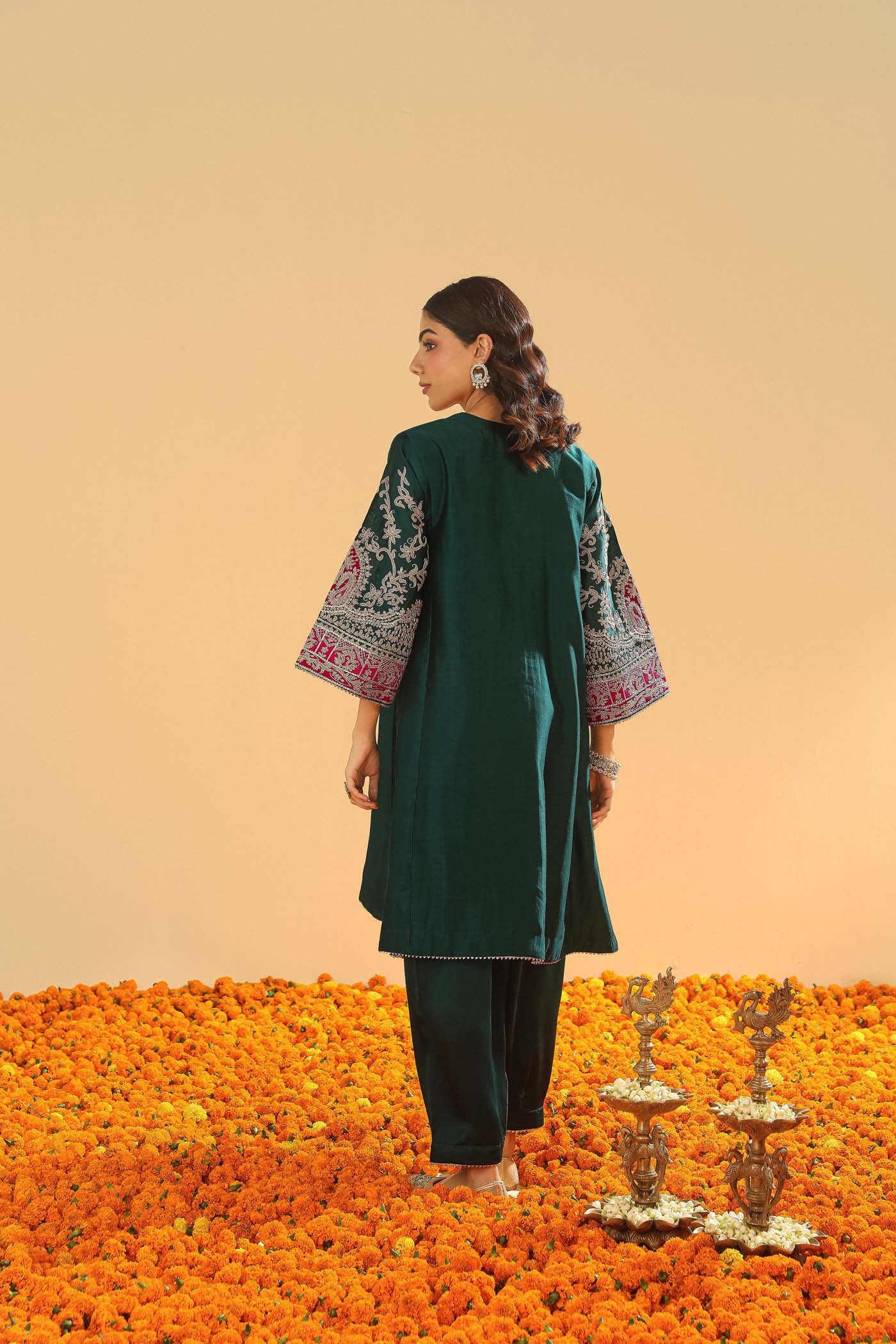 Mohsina - Emerald Green Short Kalidaar Chauga with Salwar - Image 6
