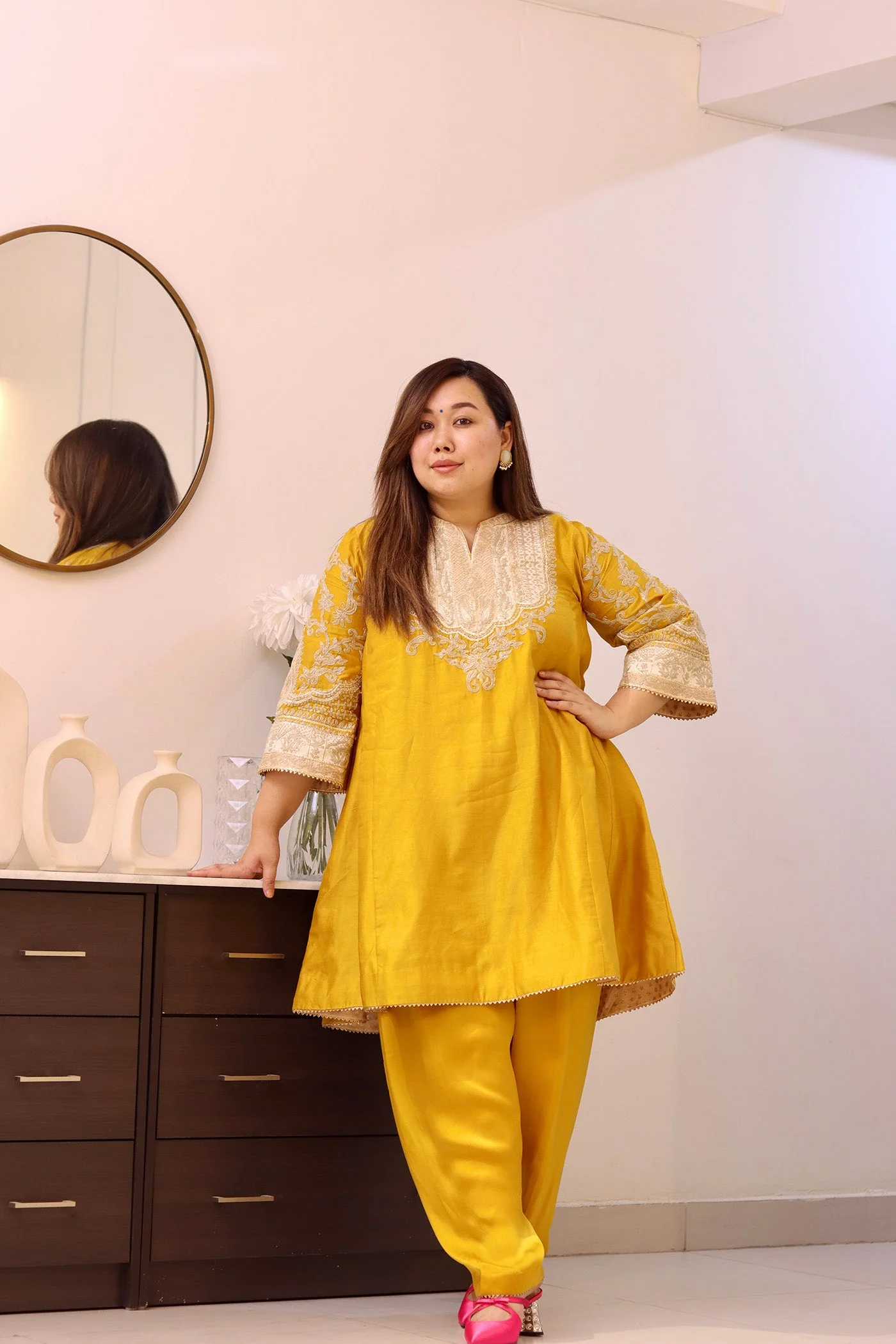 SHRADDHA GURUNG IN MOHSINA - Glaze Mustard SHORT KALIDAAR CHOGA WITH SALWAR - Image 3