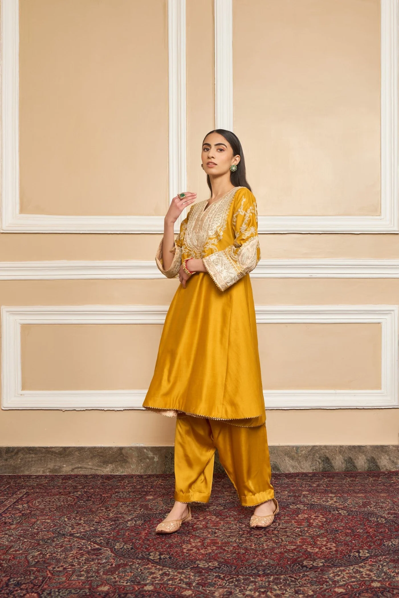 MOHSINA - GLAZE MUSTARD SHORT KALIDAAR CHOGA WITH SALWAR (LXRTS) - Image 2