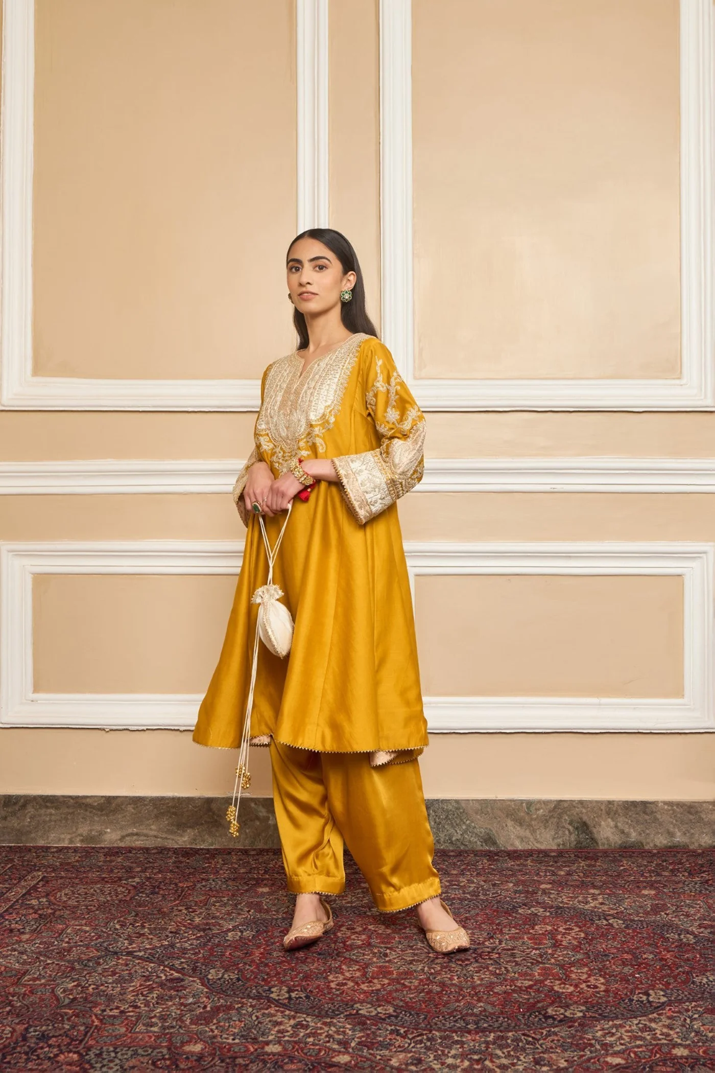 MOHSINA - GLAZE MUSTARD SHORT KALIDAAR CHOGA WITH SALWAR (LXRTS) - Image 3