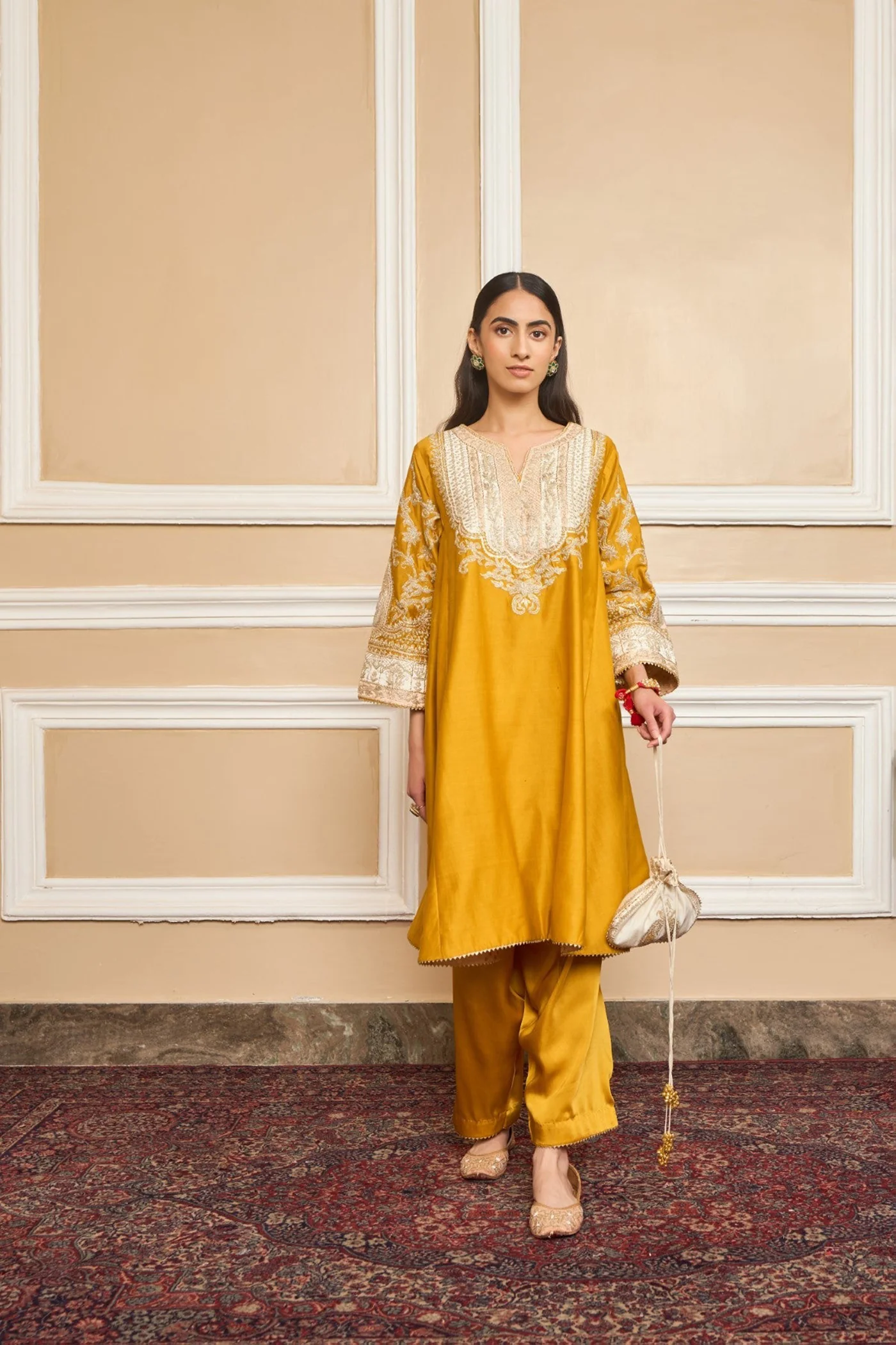 MOHSINA - GLAZE MUSTARD SHORT KALIDAAR CHOGA WITH SALWAR (LXRTS) - Image 4
