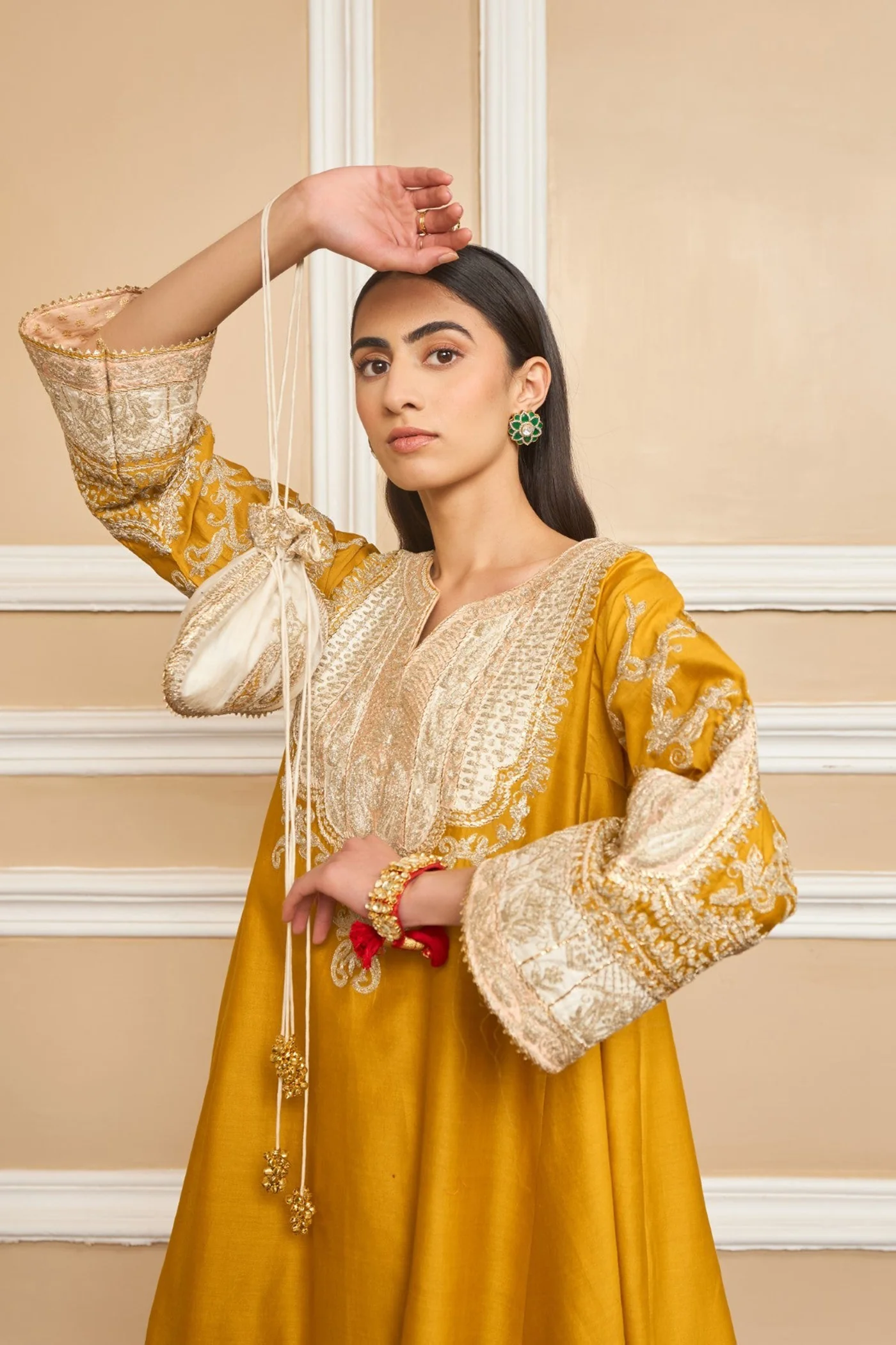 MOHSINA - GLAZE MUSTARD SHORT KALIDAAR CHOGA WITH SALWAR (LXRTS) - Image 6