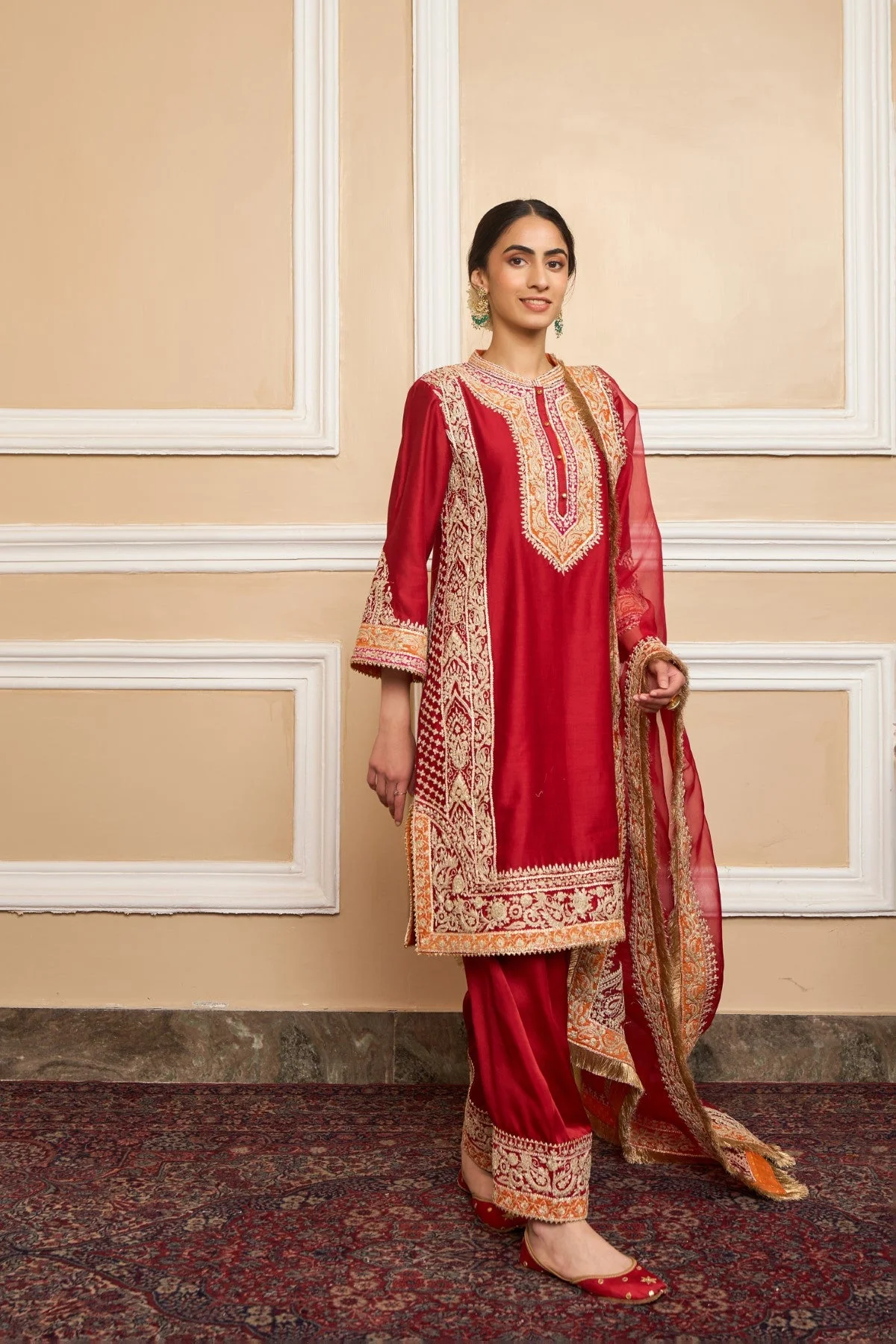 NAAYAAB - DEEP RED SHORT KURTA WITH SALWAR AND DUPATTA (LXRTS) - Image 3