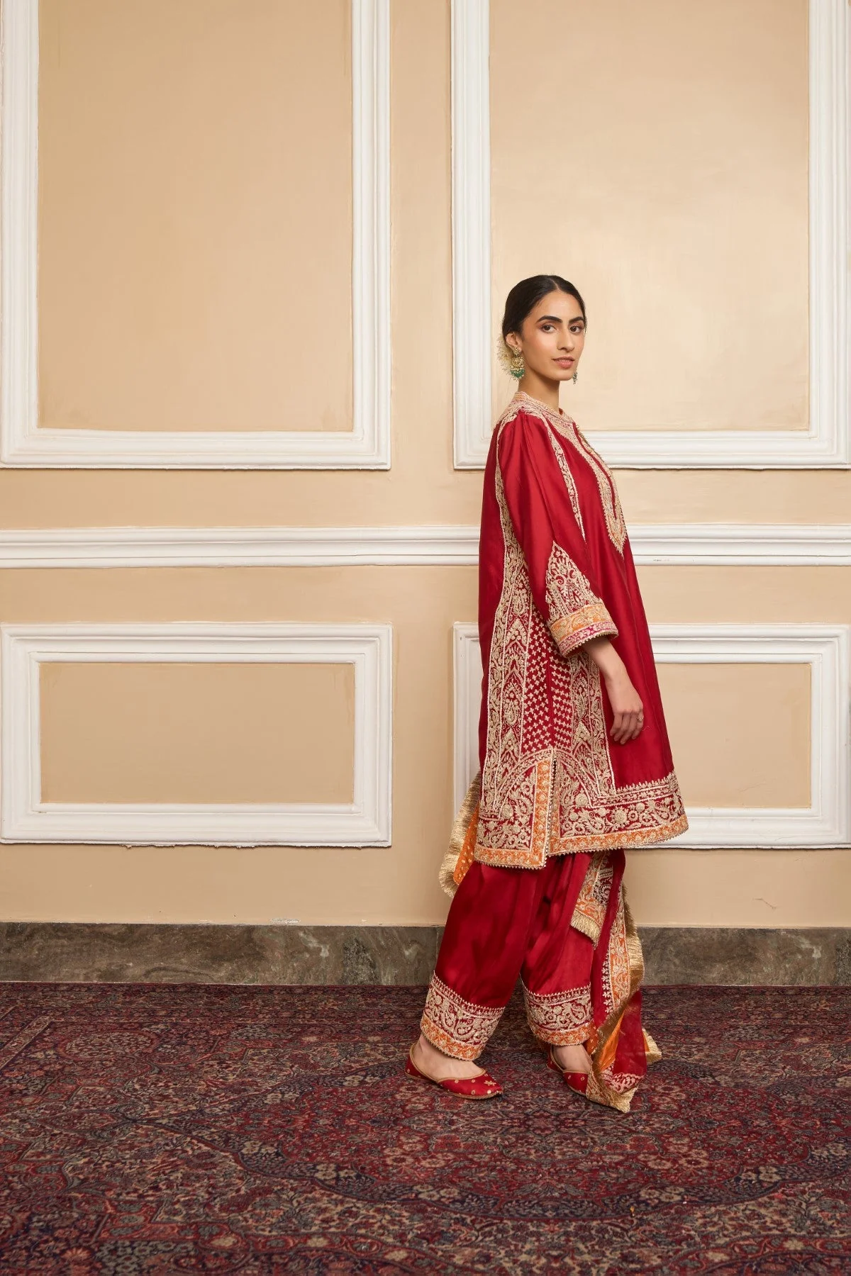 NAAYAAB - DEEP RED SHORT KURTA WITH SALWAR AND DUPATTA (LXRTS) - Image 4