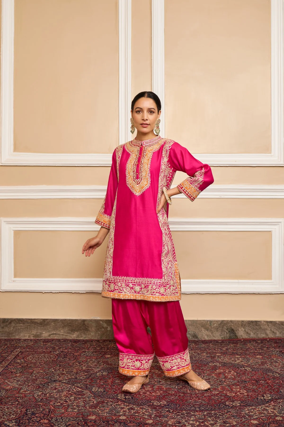 NAAYAAB - Rani Hotpink SHORT KURTA WITH SALWAR AND DUPATTA