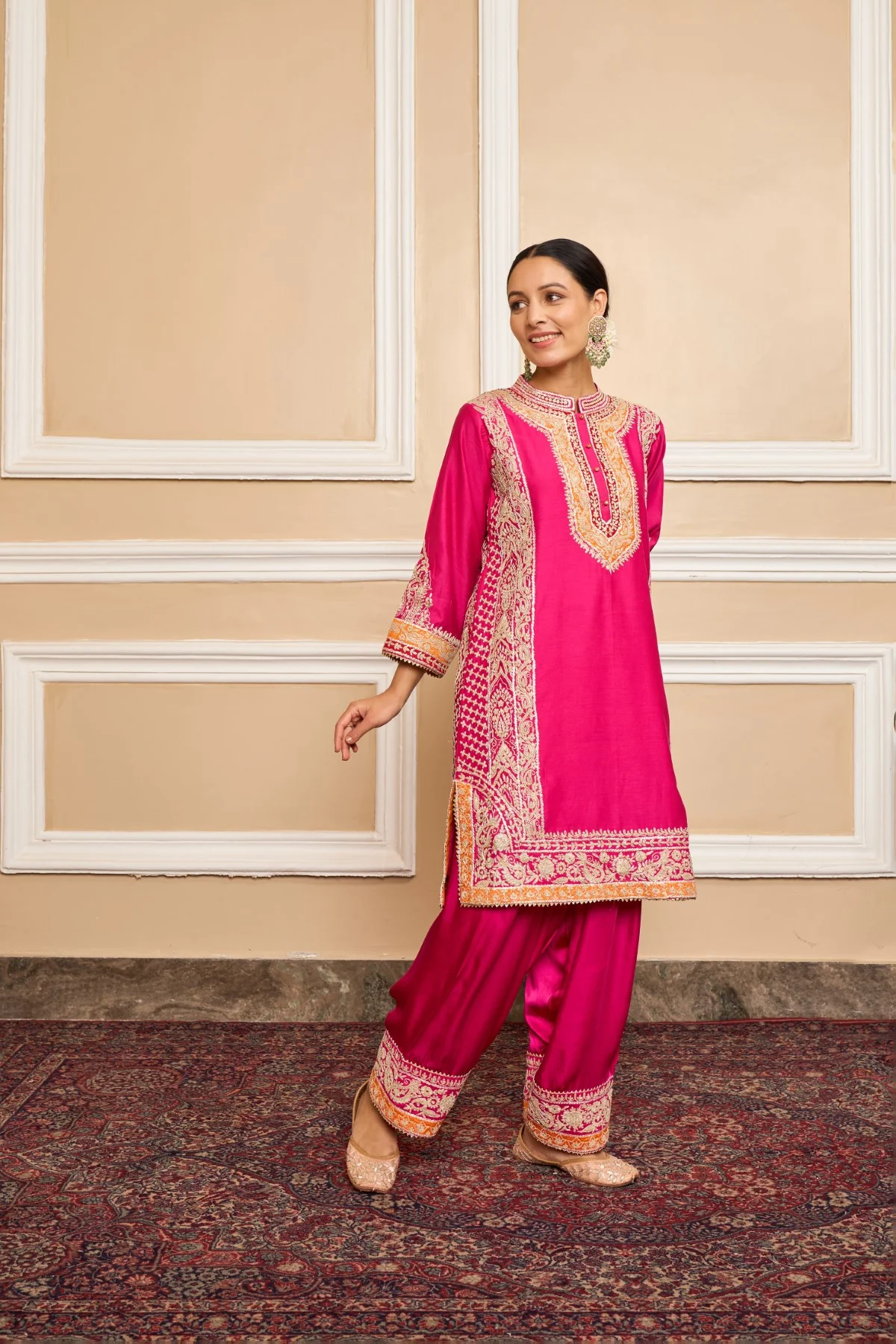 NAAYAAB - Rani Hotpink SHORT KURTA WITH SALWAR AND DUPATTA - Image 2