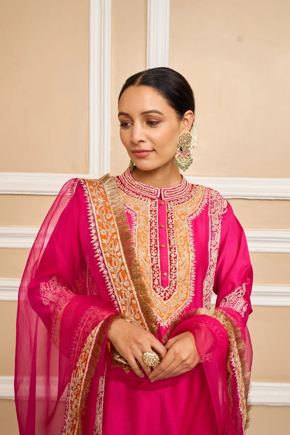 NAAYAAB - Rani Hotpink SHORT KURTA WITH SALWAR AND DUPATTA (LXRTS) - Image 5