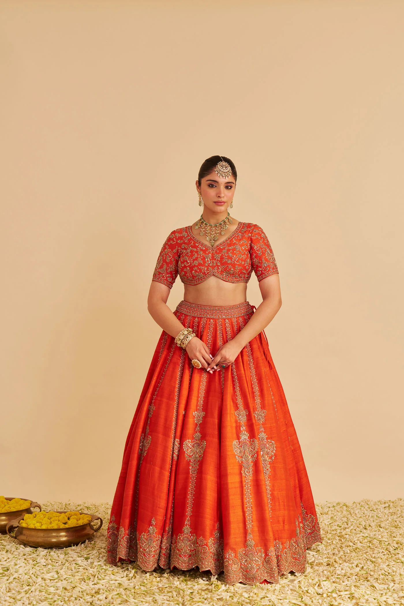 Naazila - Dabka Zardozi Embroidered Raw Silk Burnt Orange Lehenga Set - Image 4