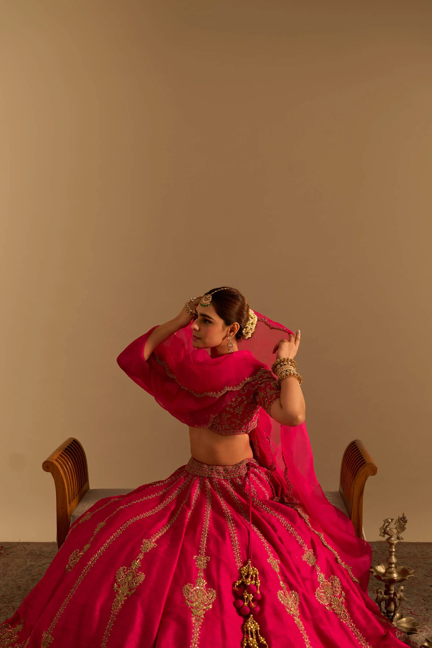 Naazila - Dabka Zardozi Embroidered Raw Silk Rani Hotpink Lehenga Set - Image 6