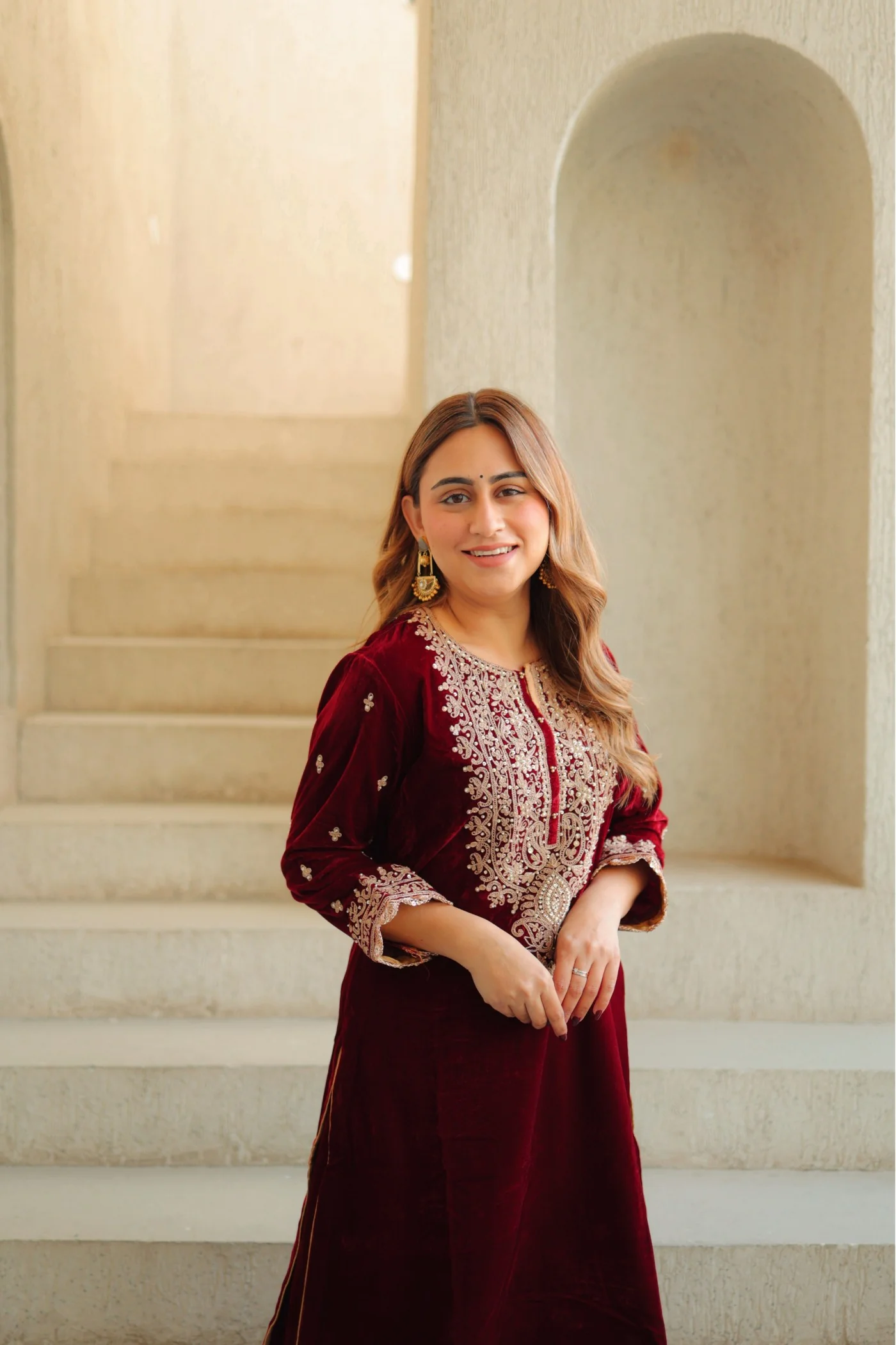 Naima - Maroon Silk Velvet Short Kurta with Salwar - Image 3