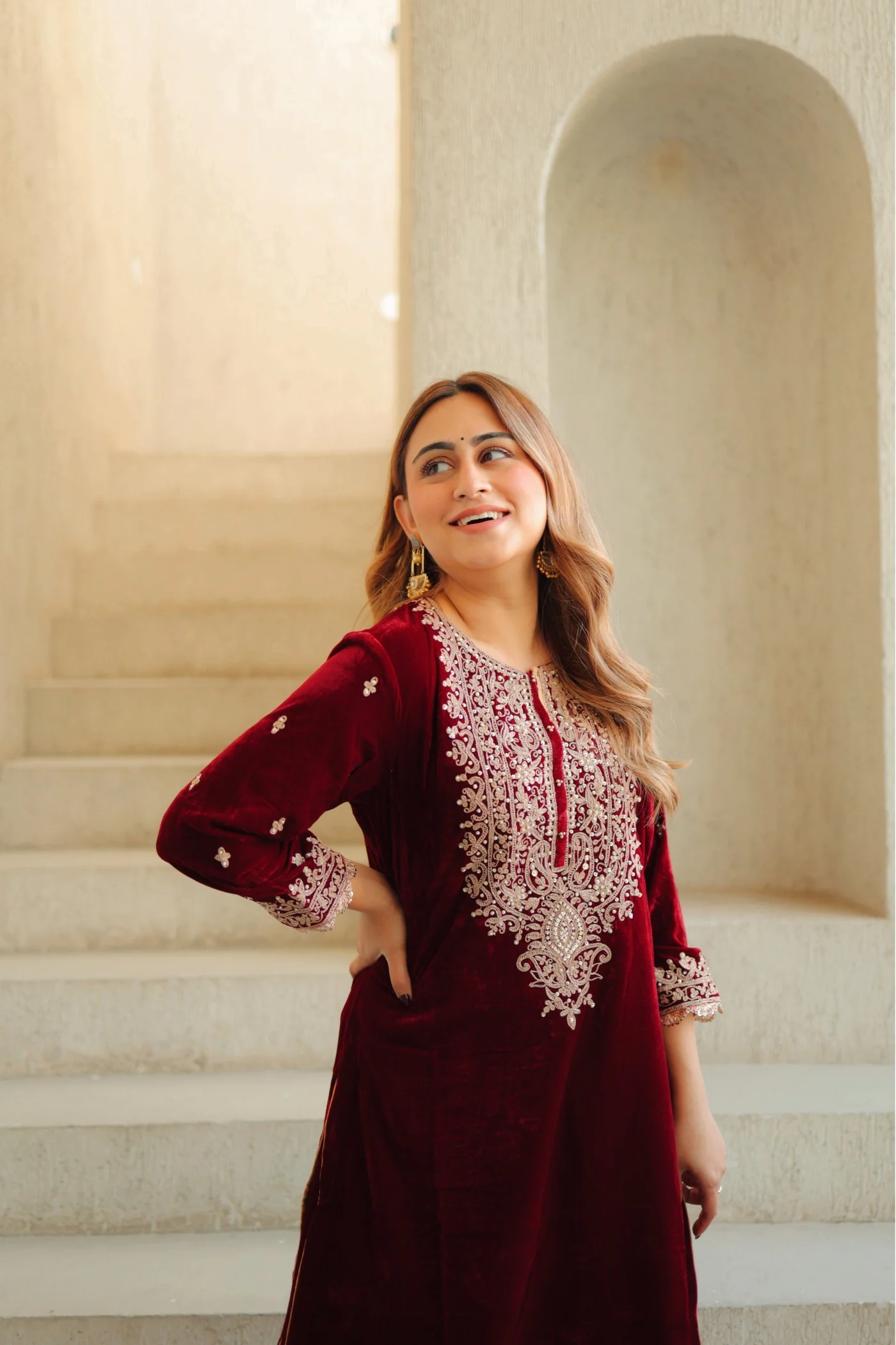 Naima - Maroon Silk Velvet Short Kurta with Salwar - Image 4