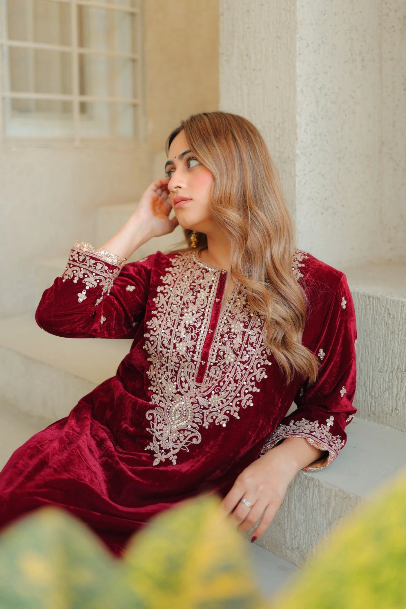 Naima - Maroon Silk Velvet Short Kurta with Salwar - Image 6