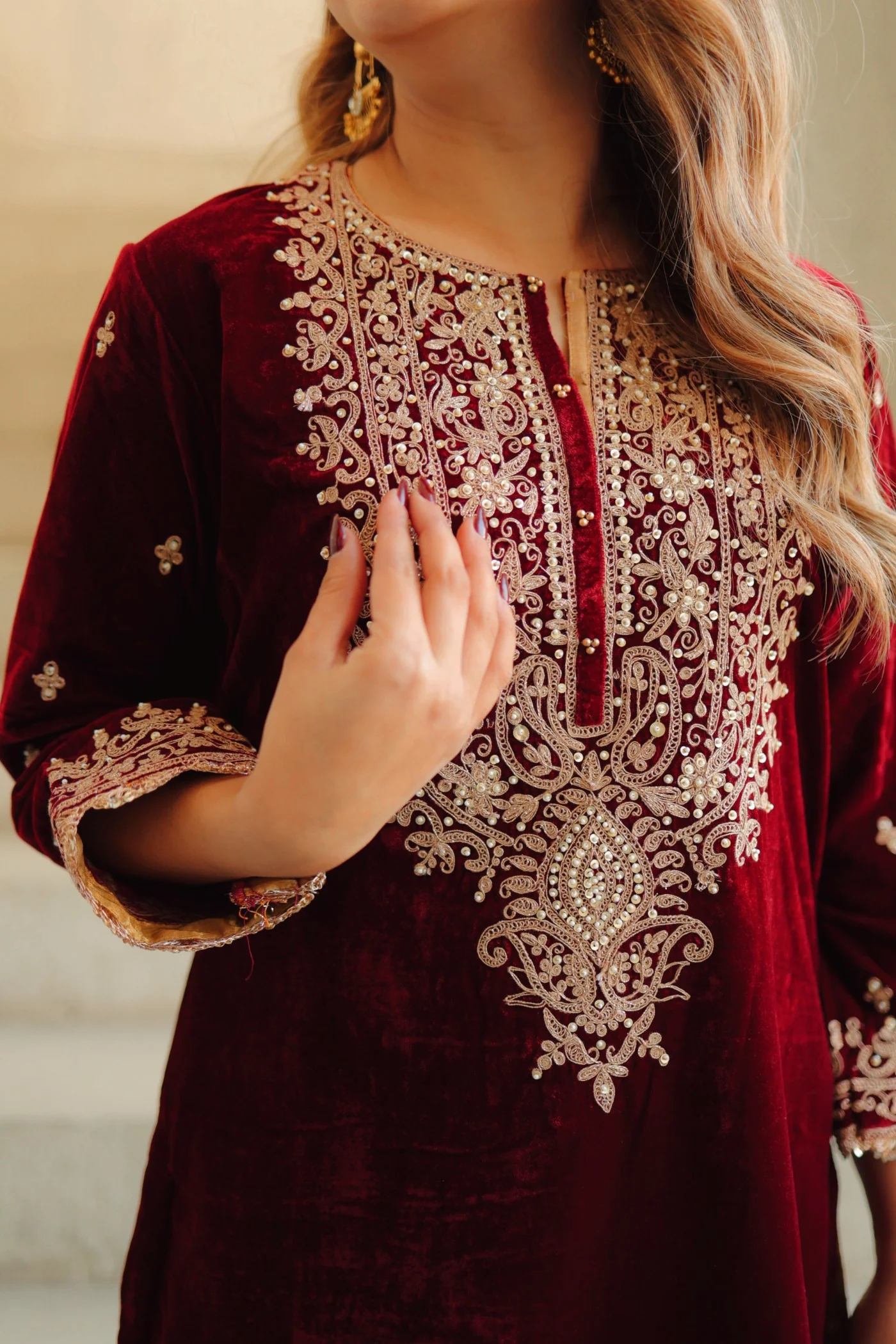 Naima - Maroon Silk Velvet Short Kurta with Salwar - Image 7
