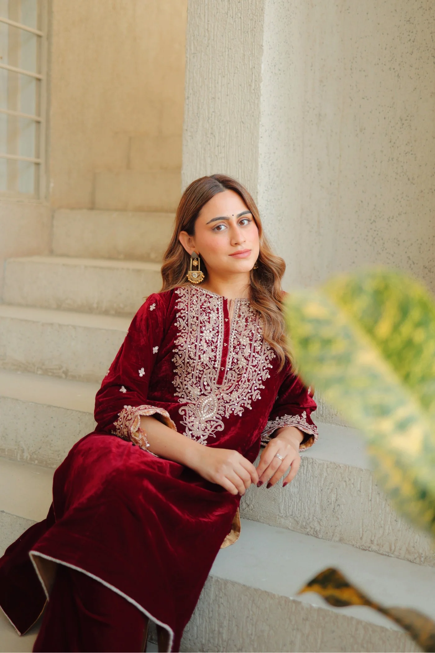 Naima - Maroon Silk Velvet Short Kurta with Salwar - Image 8