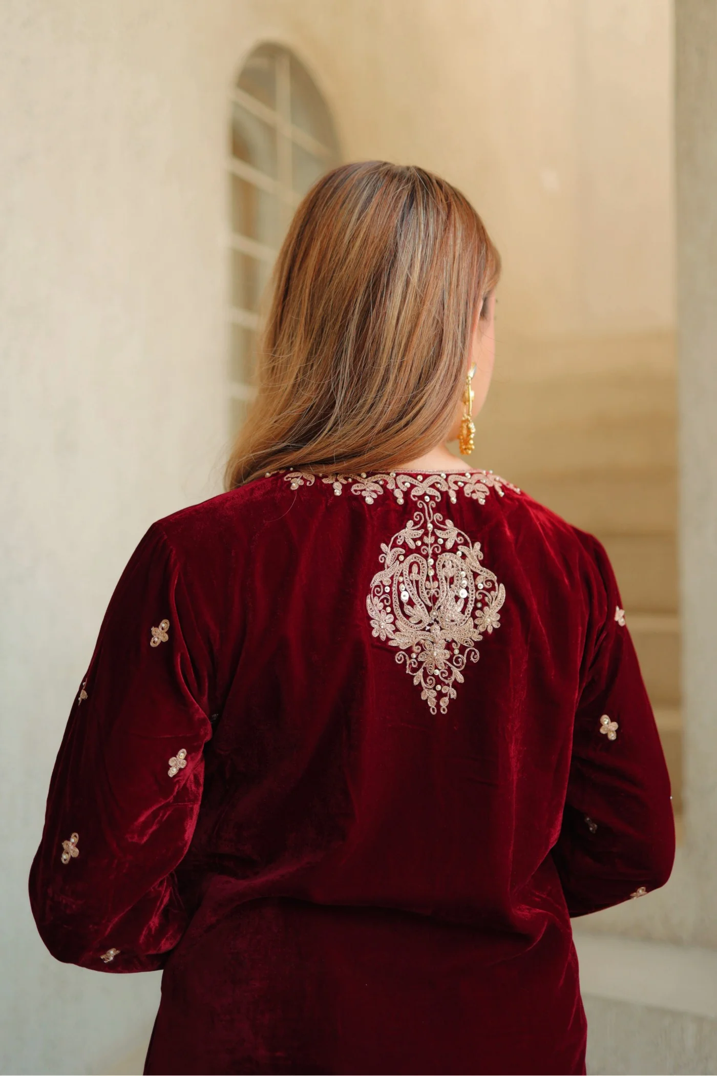 Naima - Maroon Silk Velvet Short Kurta with Salwar - Image 9