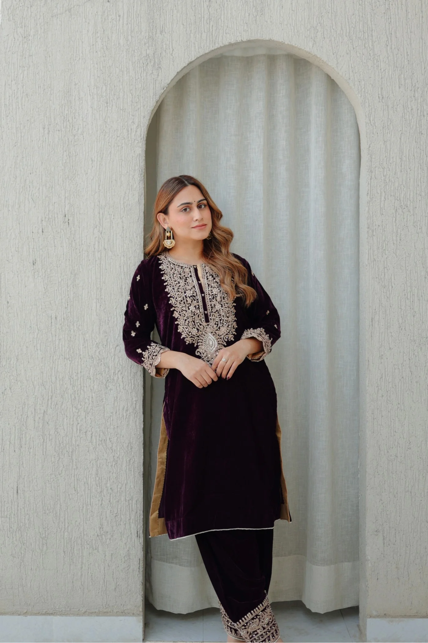 Naima -Wine Silk Velvet Short Kurta with Salwar - Image 3