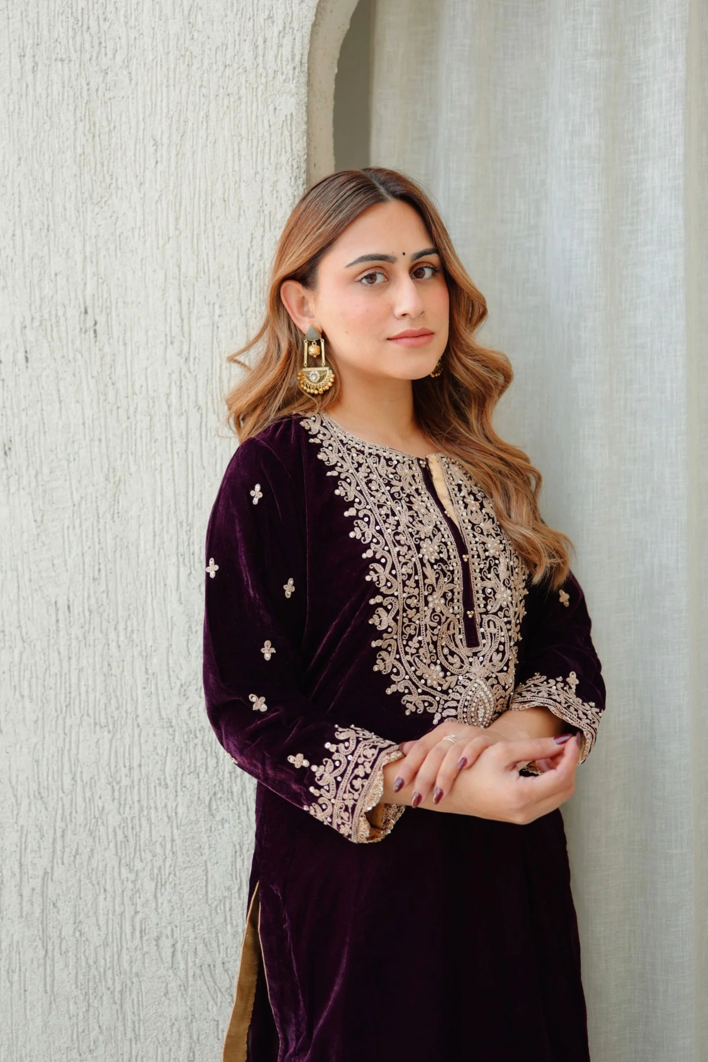 Naima -Wine Silk Velvet Short Kurta with Salwar - Image 4