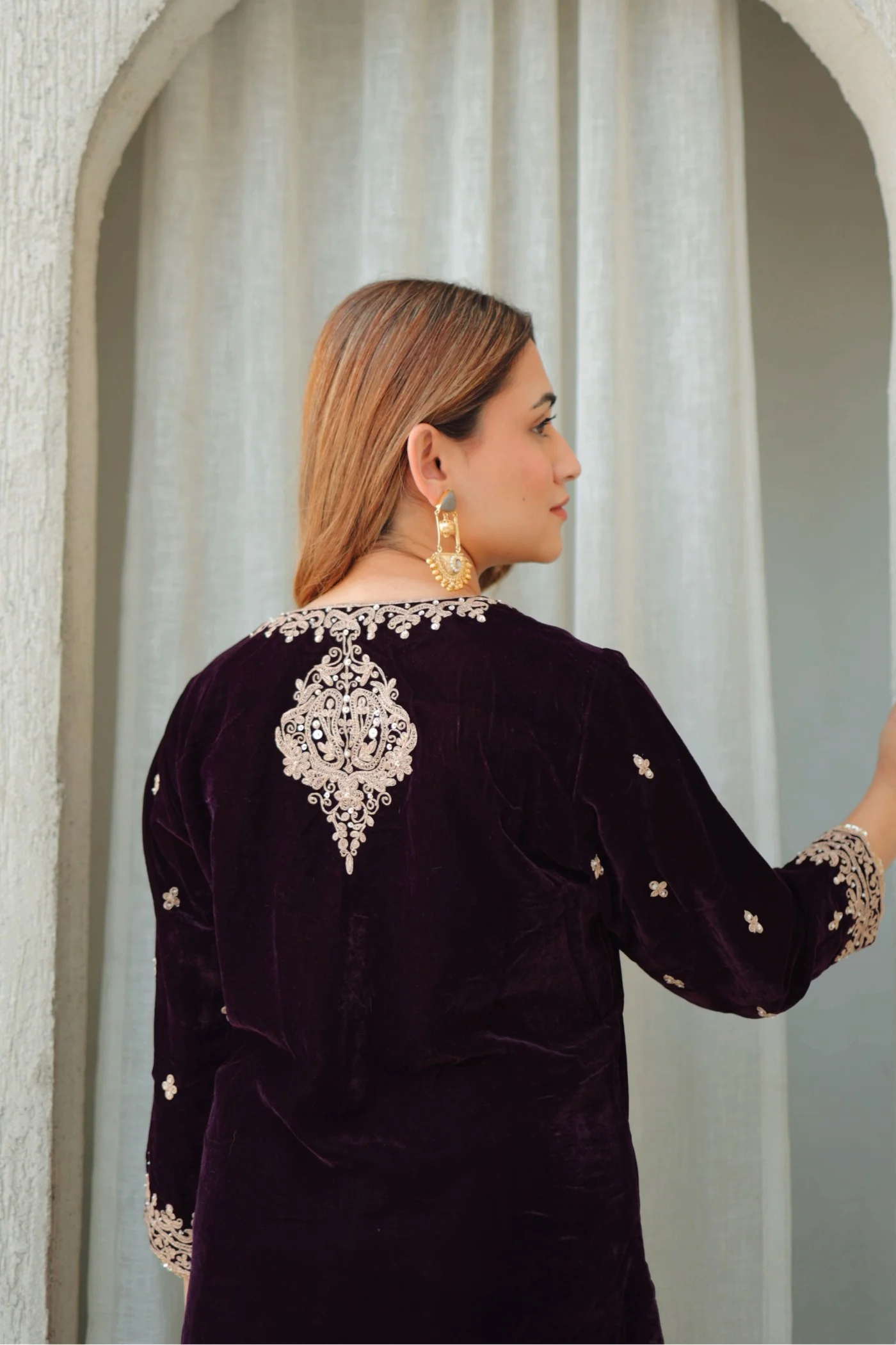 Naima -Wine Silk Velvet Short Kurta with Salwar - Image 6
