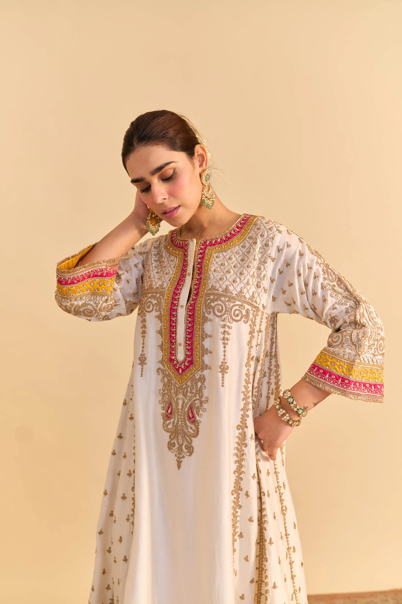 Nargis - Dabka Zardozi Embroidered Kalidaar Daisy Ivory with Heirloom Mustard Long Chauga Set (LXRTS) - Image 5