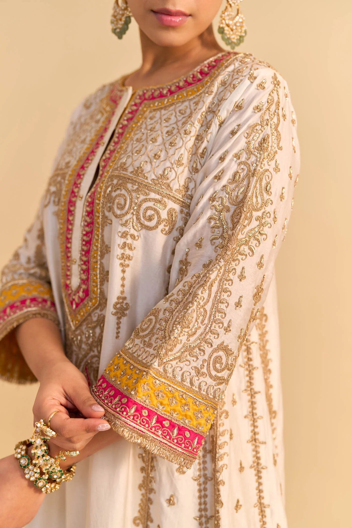 Nargis - Dabka Zardozi Embroidered Kalidaar Daisy Ivory with Heirloom Mustard Long Chauga Set (LXRTS) - Image 6