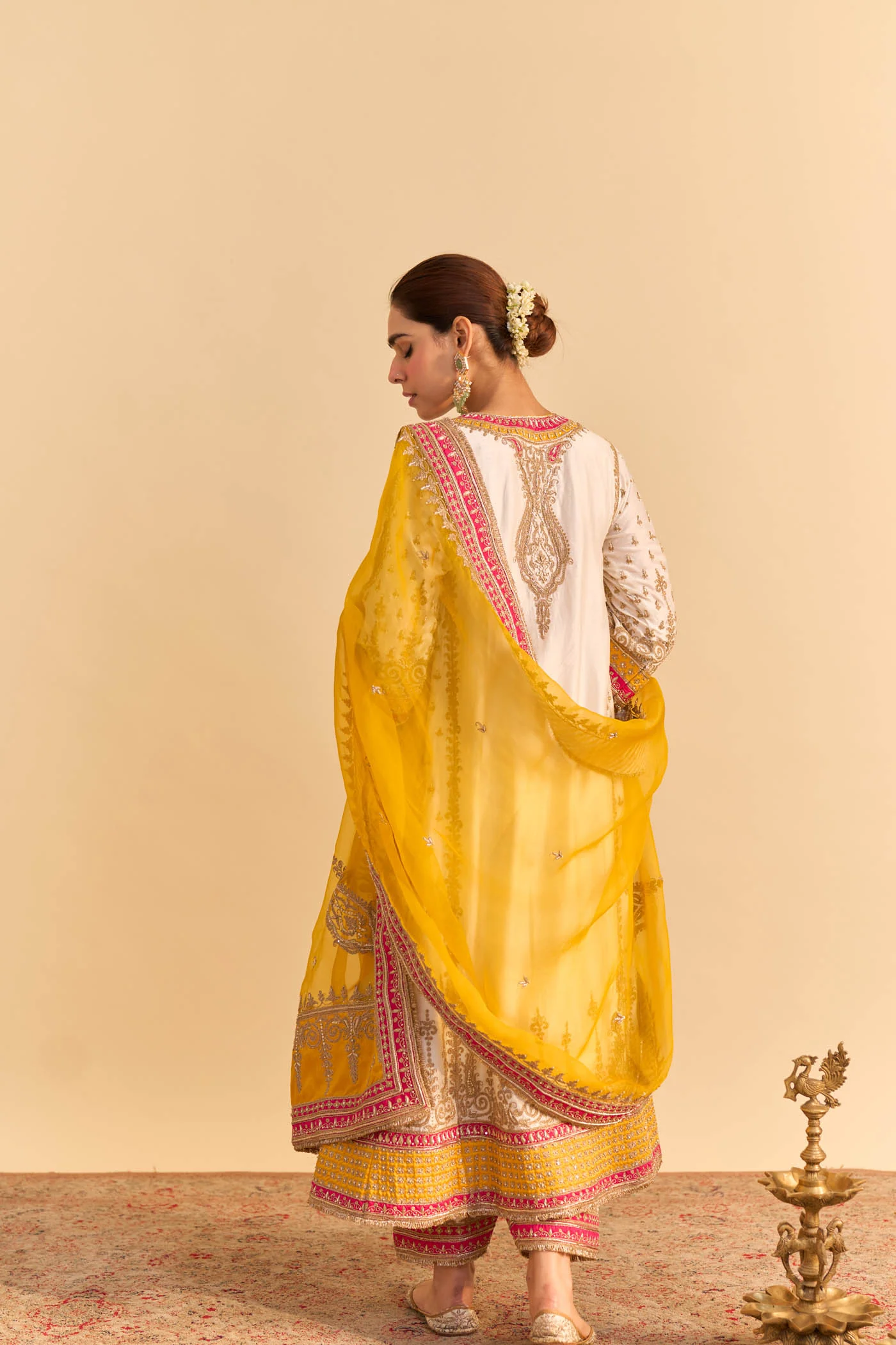 Nargis - Dabka Zardozi Embroidered Kalidaar Daisy Ivory with Heirloom Mustard Long Chauga Set (LXRTS) - Image 7