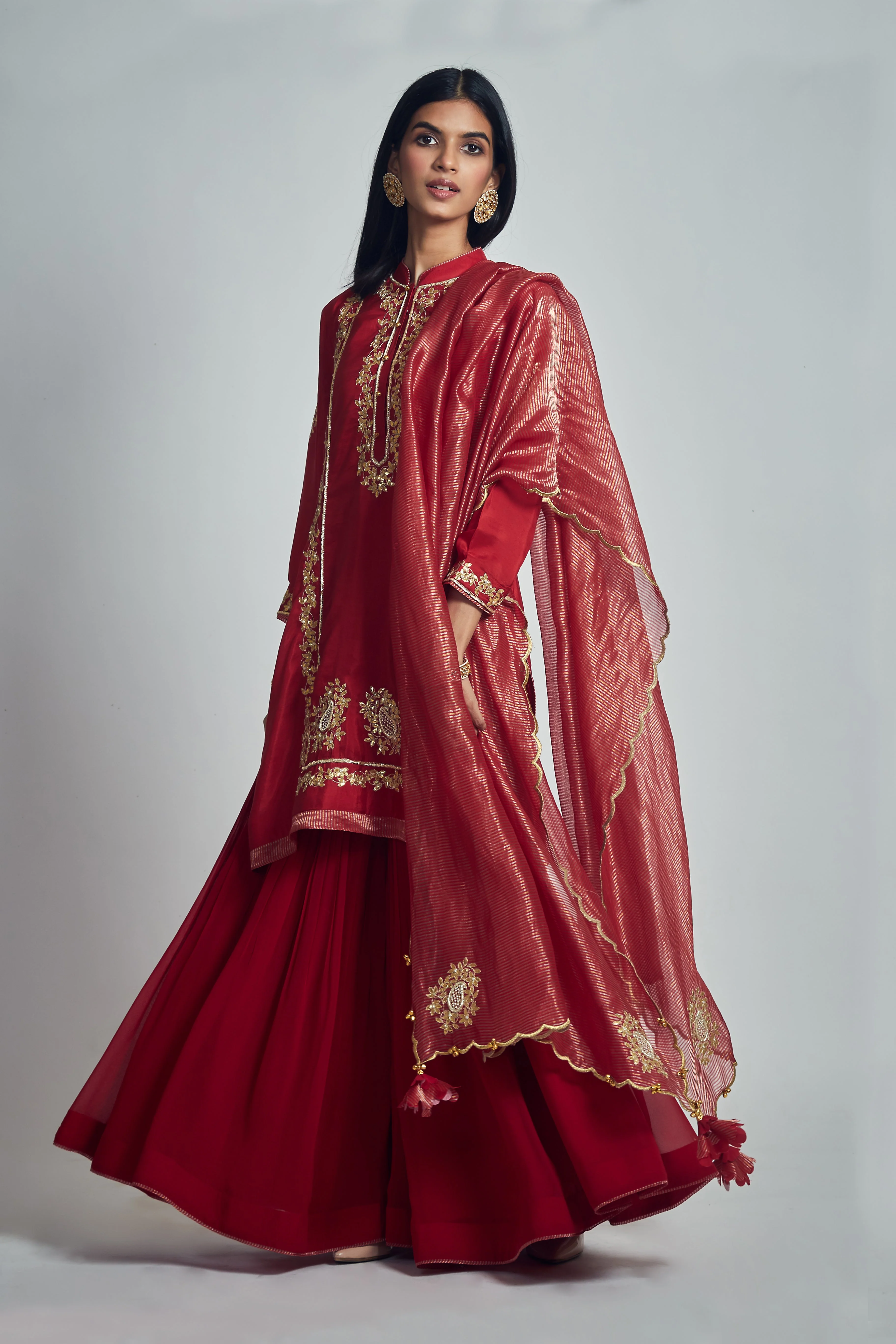 Nasira- Deep red habutai silk Gota patti embroidered kurta with garara and dupatta (Lxrts)