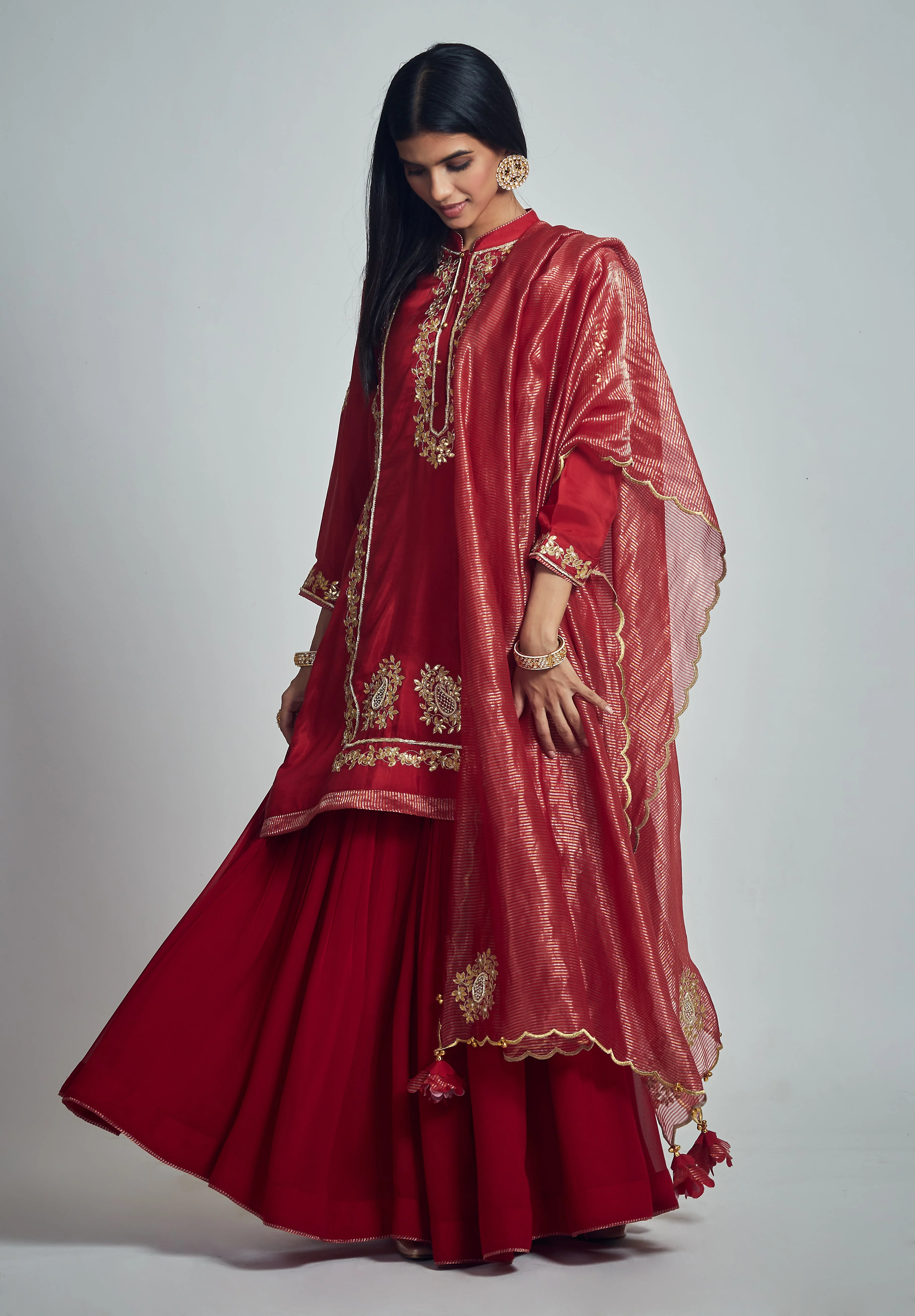 Nasira- Deep red habutai silk Gota patti embroidered kurta with garara and dupatta (Lxrts) - Image 3