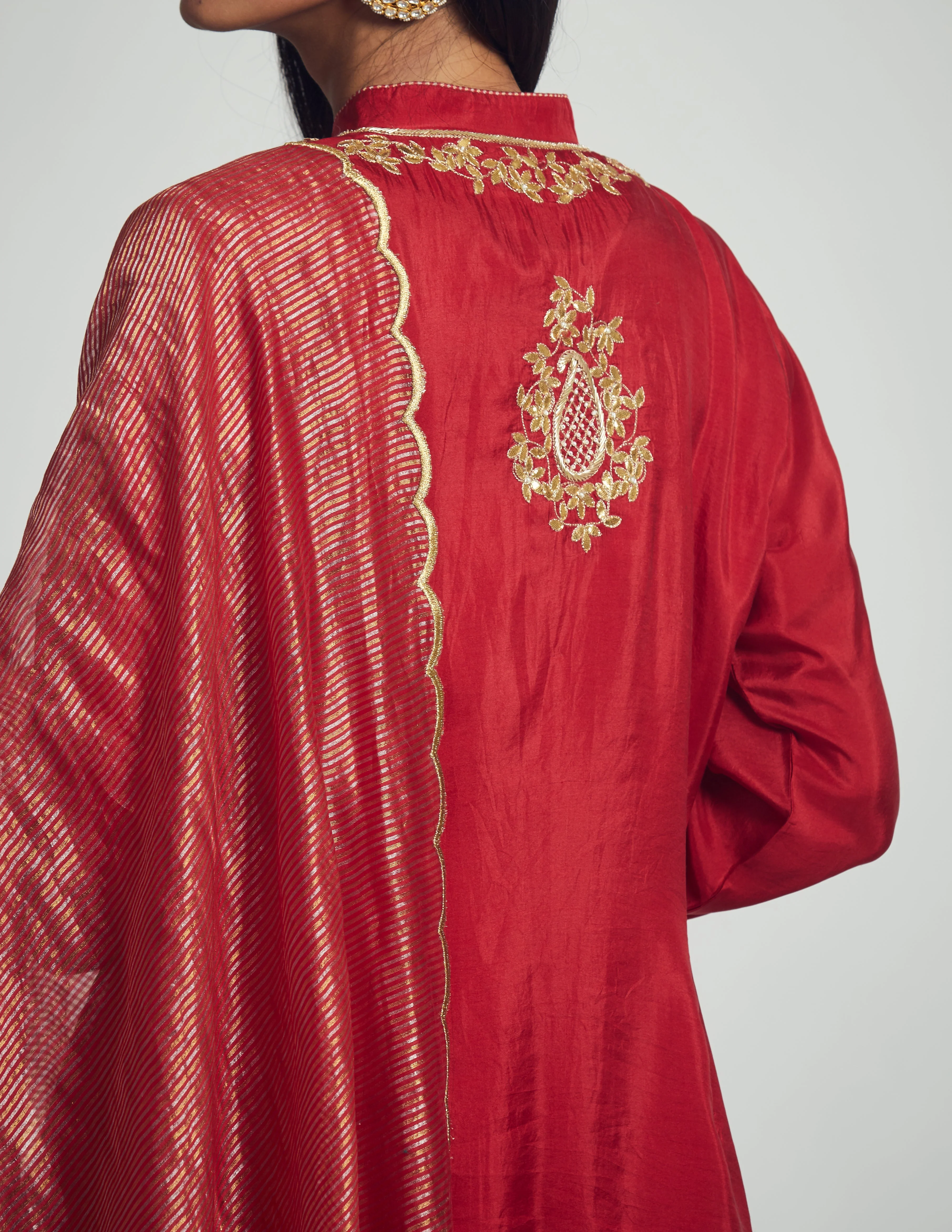 Nasira- Deep red habutai silk Gota patti embroidered kurta with garara and dupatta (Lxrts) - Image 4