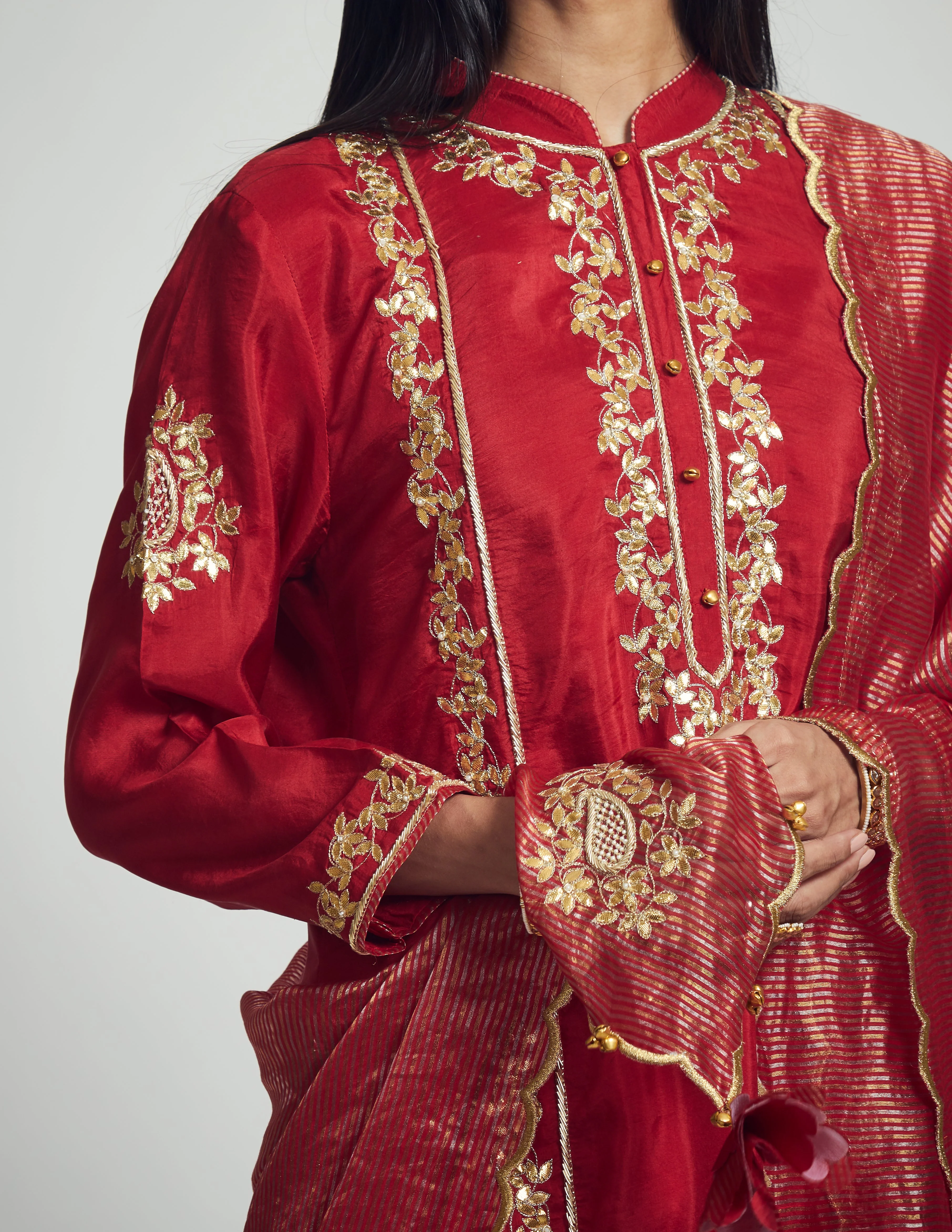 Nasira- Deep red habutai silk Gota patti embroidered kurta with garara and dupatta (Lxrts) - Image 5