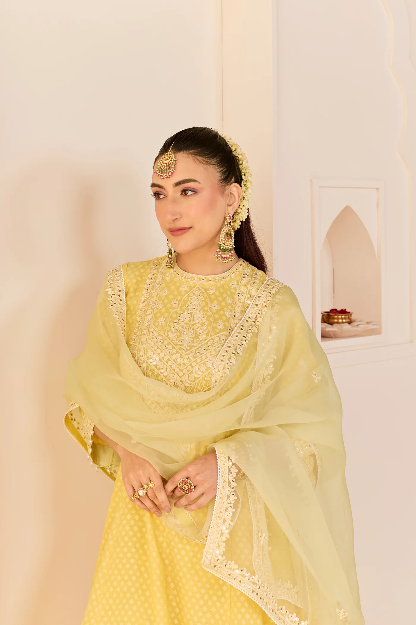 Nida - Lemon Yellow  Short Choga With Farshi Salwar - Image 2