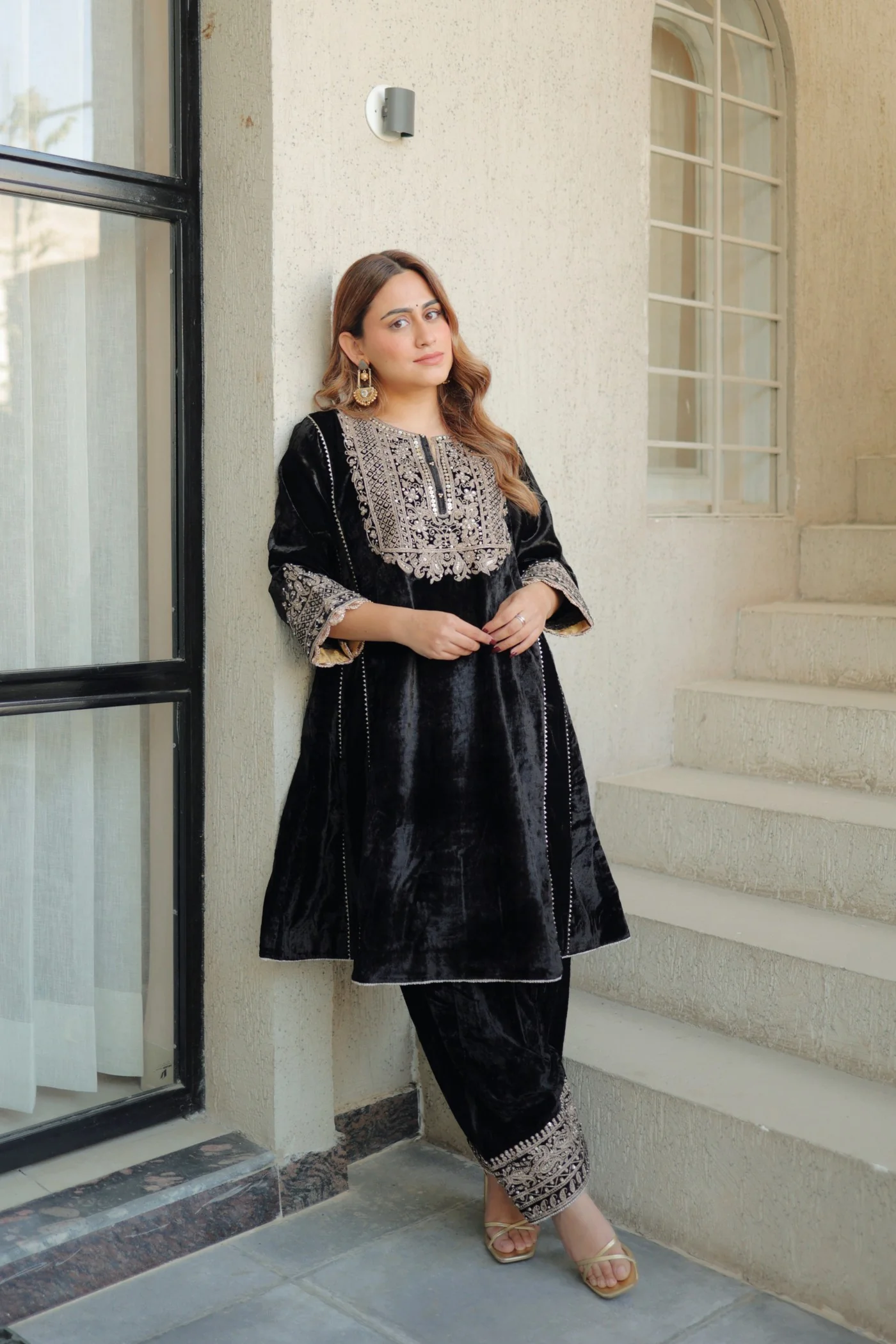 Nisreen - Black Silk Velvet Short Kalidaar Chauga with Salwar - Image 3