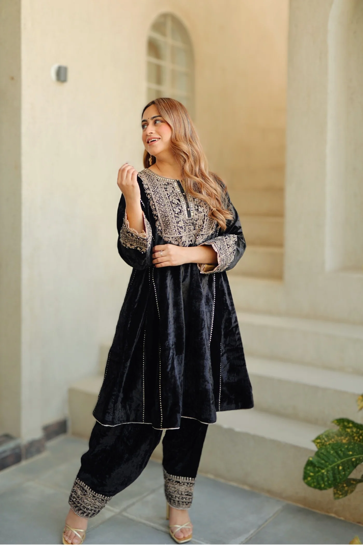 Nisreen - Black Silk Velvet Short Kalidaar Chauga with Salwar - Image 4