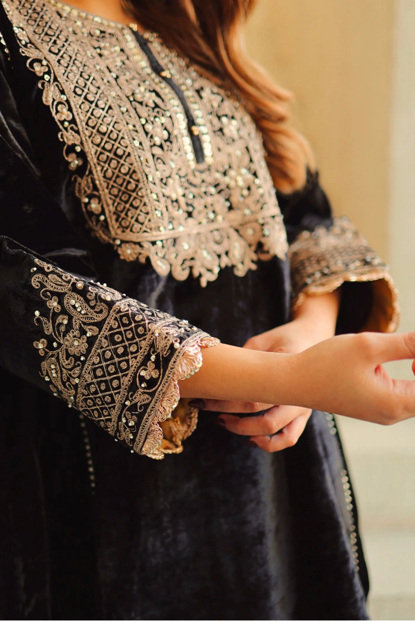 Nisreen - Black Silk Velvet Short Kalidaar Chauga with Salwar - Image 5