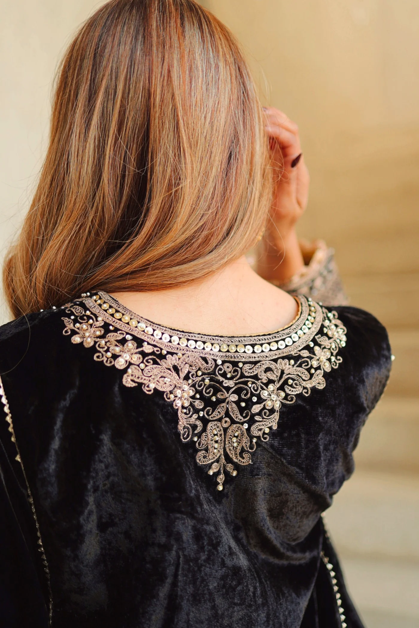 Nisreen - Black Silk Velvet Short Kalidaar Chauga with Salwar - Image 6