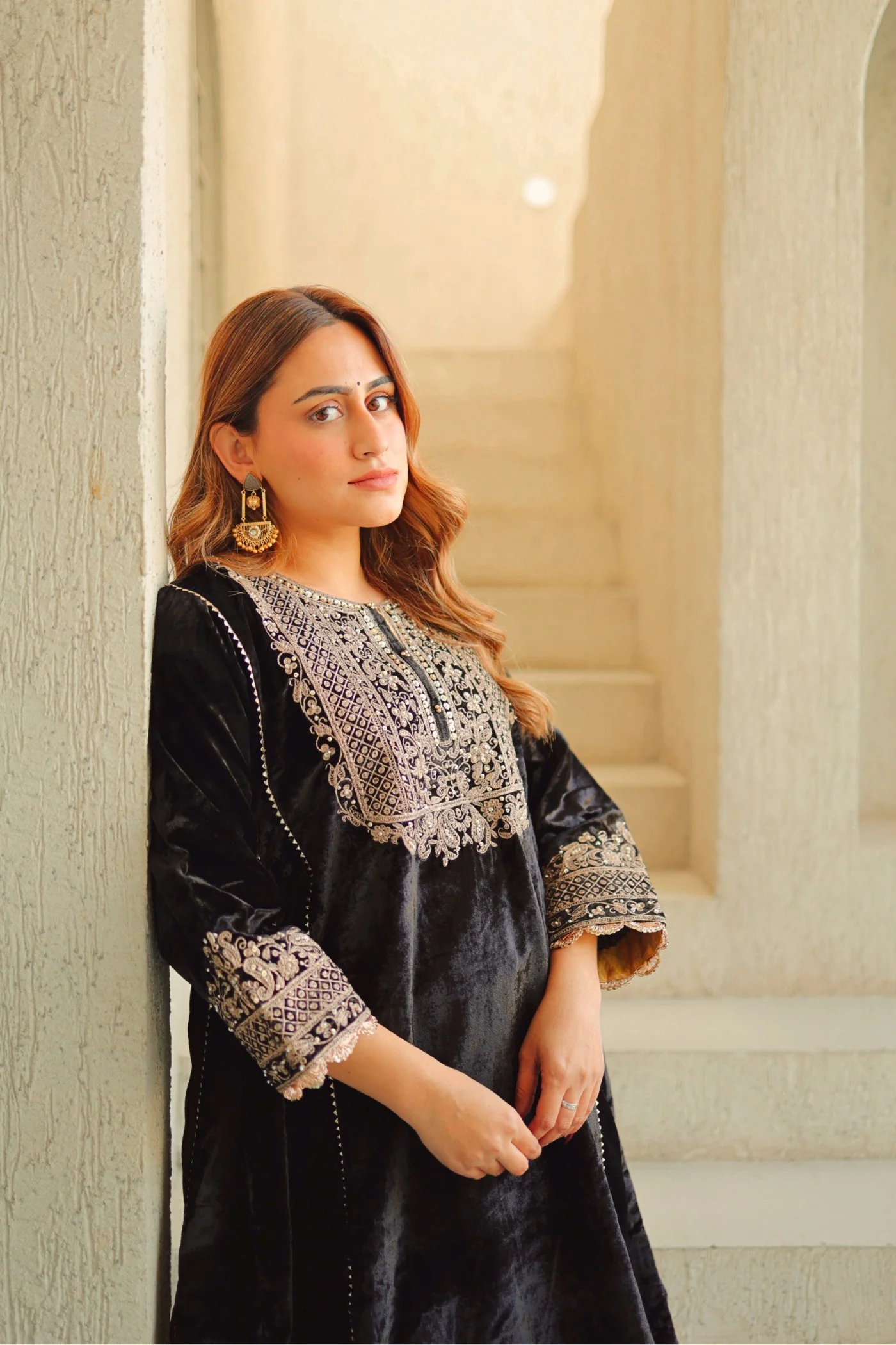 Nisreen - Black Silk Velvet Short Kalidaar Chauga with Salwar - Image 7