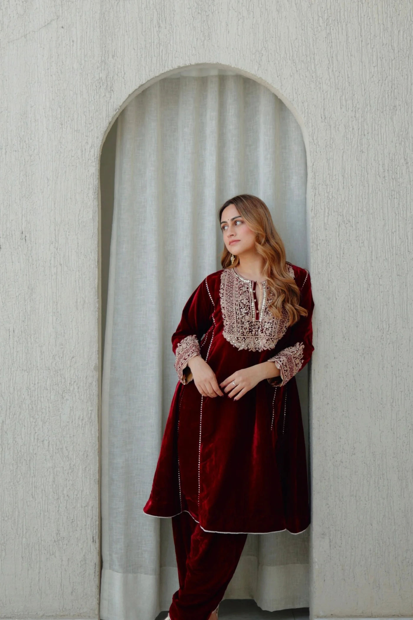 Nisreen - Maroon Silk Velvet Short Kalidaar Chauga with Salwar - Image 3