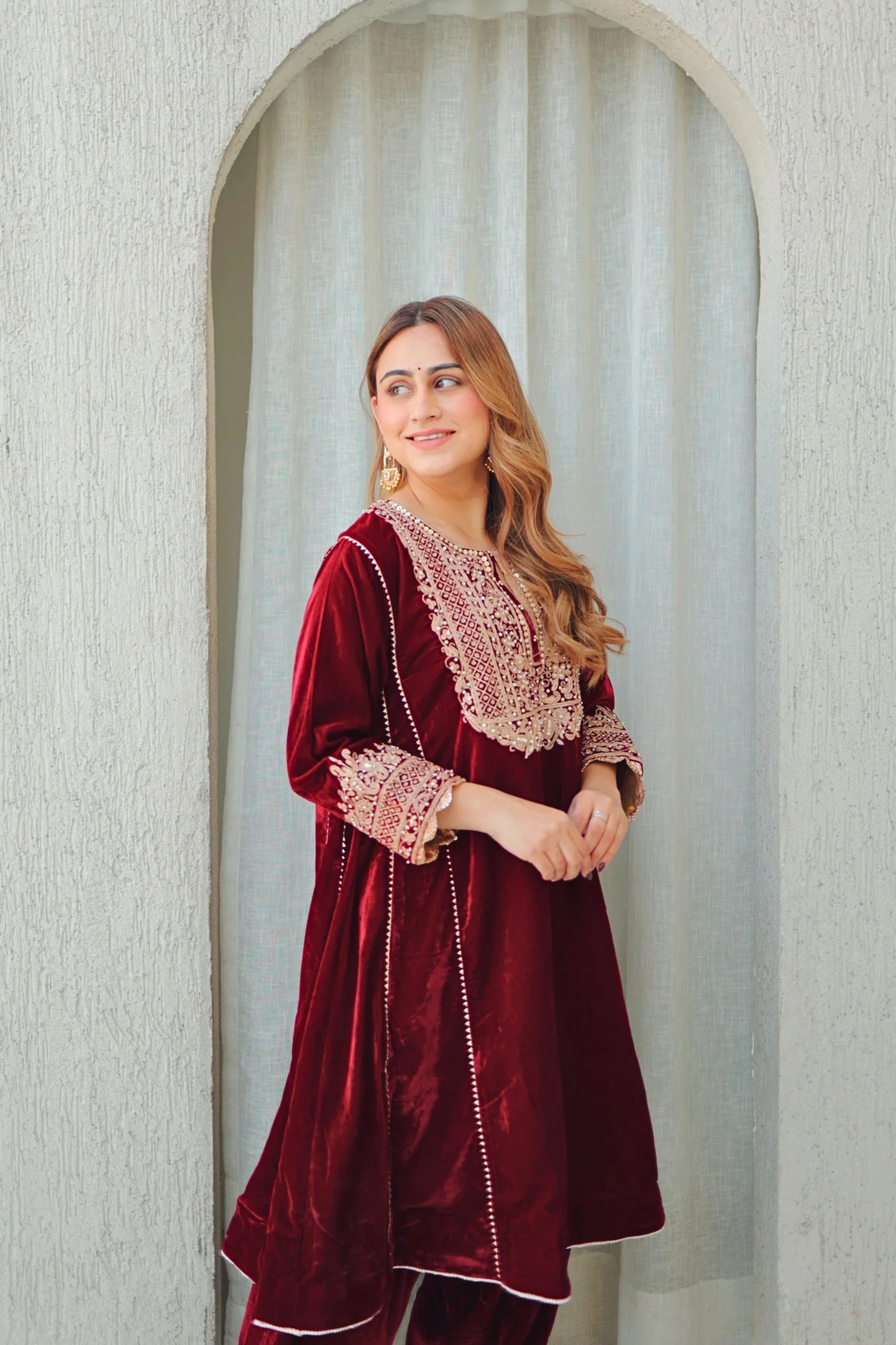 Nisreen - Maroon Silk Velvet Short Kalidaar Chauga with Salwar - Image 4