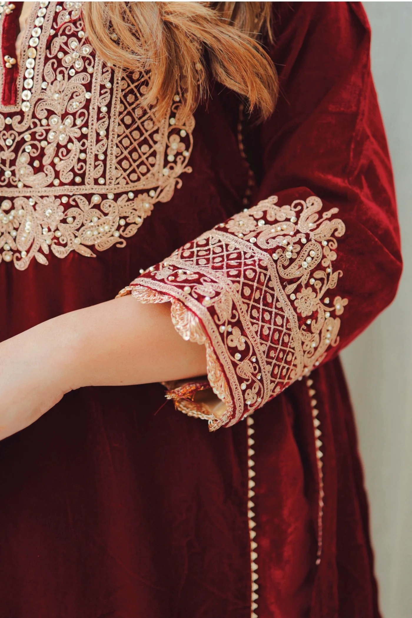 Nisreen - Maroon Silk Velvet Short Kalidaar Chauga with Salwar - Image 5