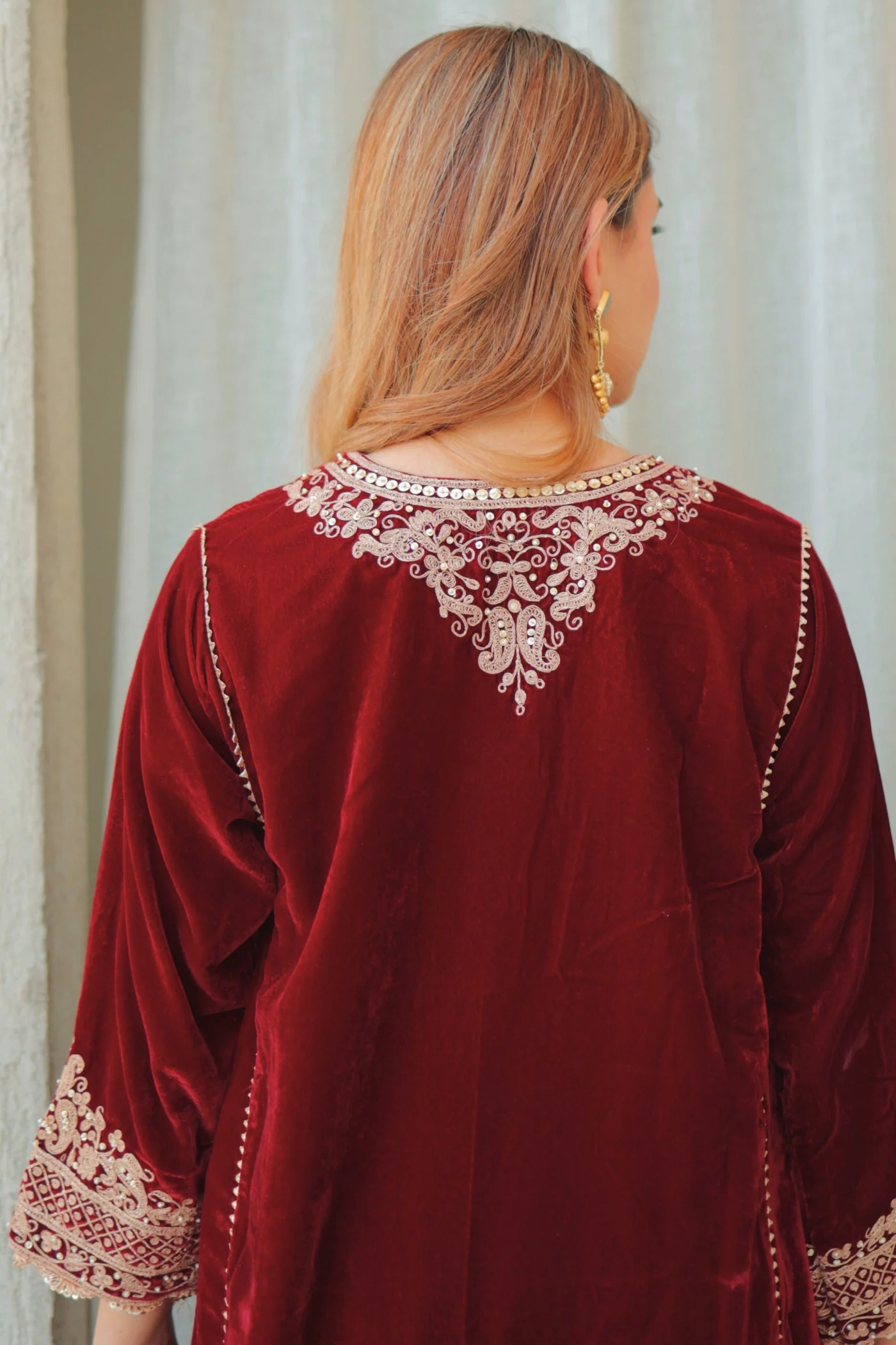 Nisreen - Maroon Silk Velvet Short Kalidaar Chauga with Salwar - Image 6