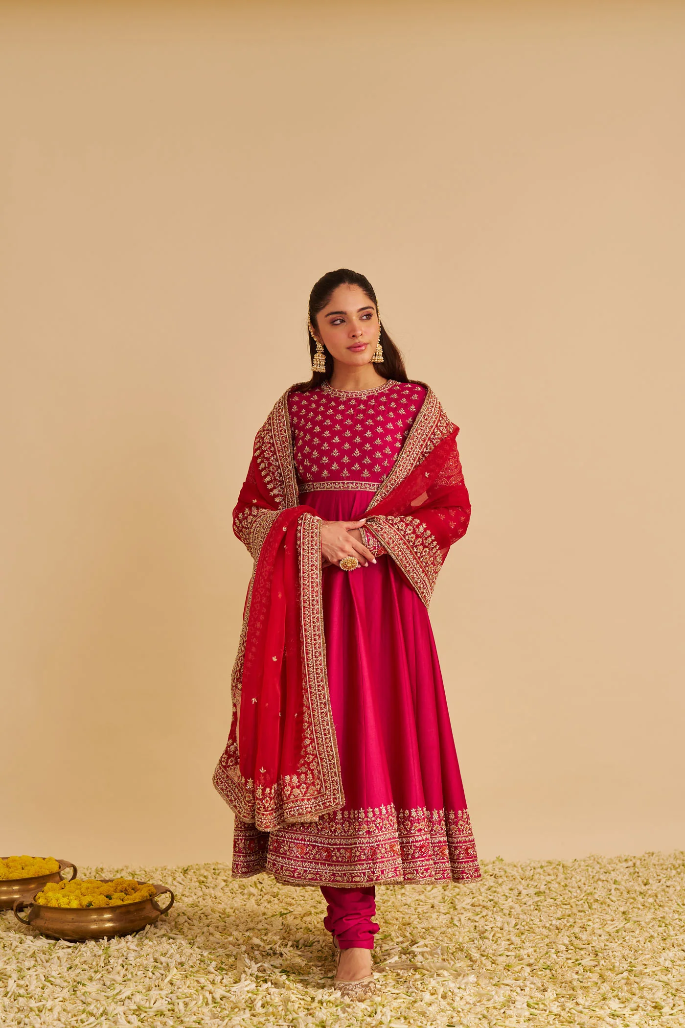 Noor - Dabka Zardozi Embroidered Chanderi Silk Rani Hotpink Anarkali  Set - Image 3