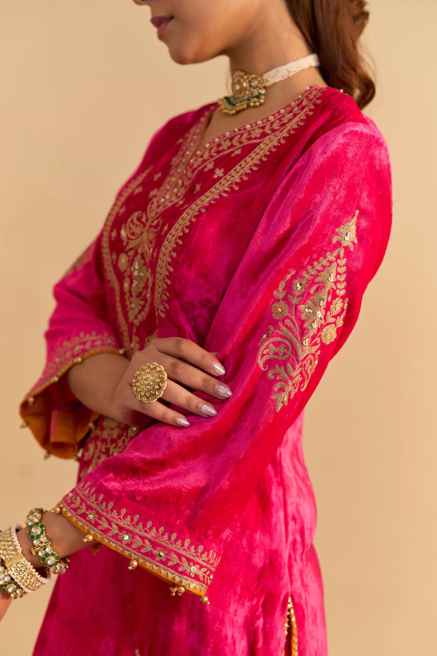 Nooren - Silk Velvet Rani Hotpink Kurta with Flared Palazzo and Dupatta - Image 6