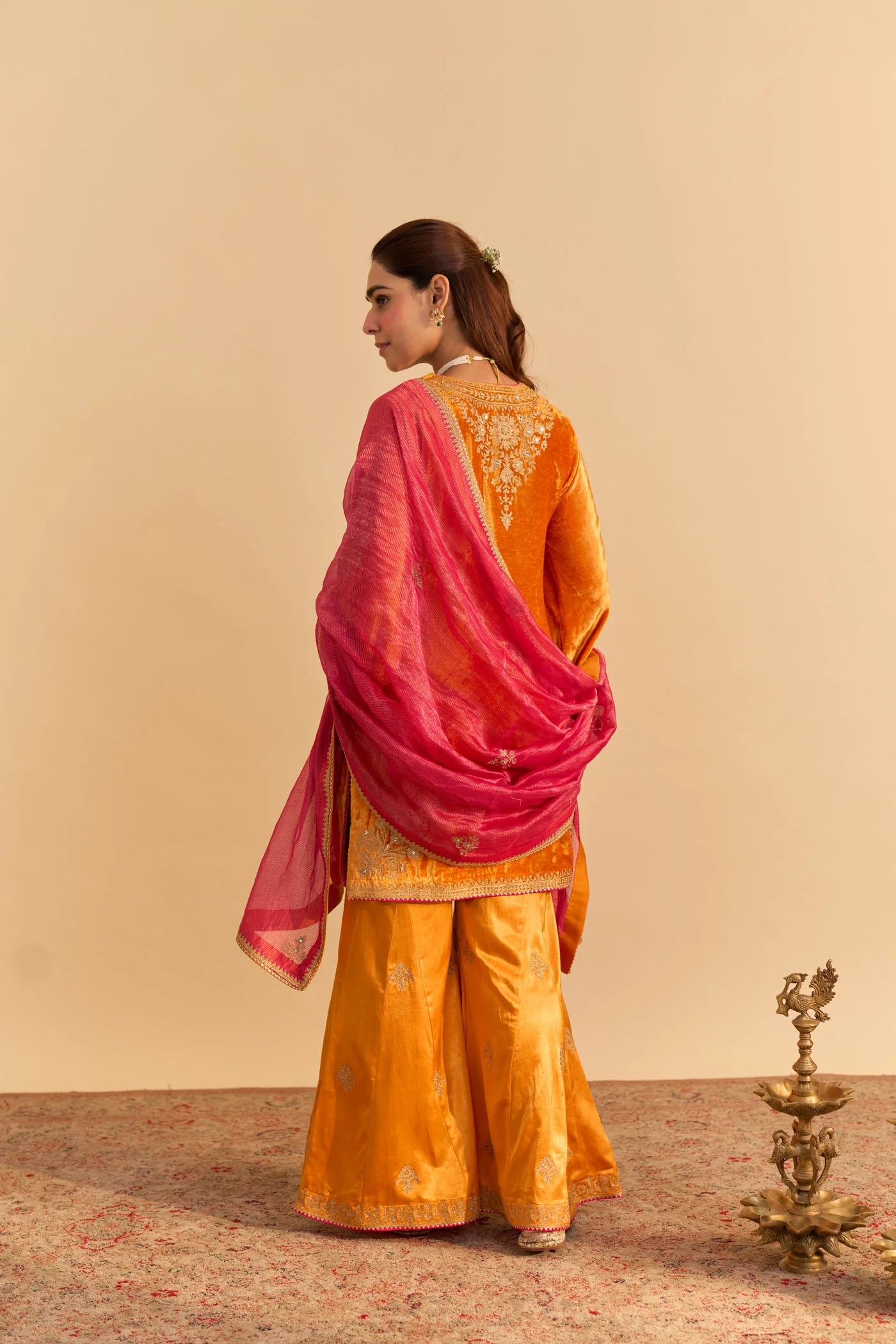 Nooren - Silk Velvet Burnt Orange Kurta with Flared Palazzo and Dupatta - Image 6