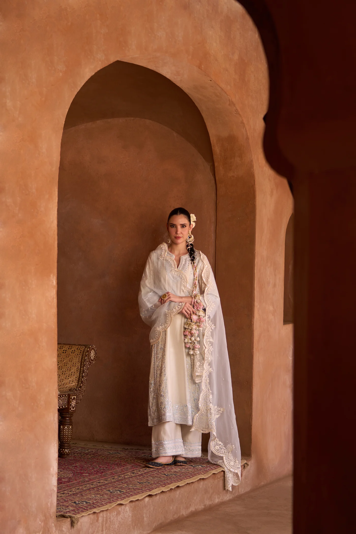NURVI - DAISY IVORY WITH BLUE LONG A-LINE KURTA WITH PALAZZO AND DUPATTA (LXRTS) - Image 3