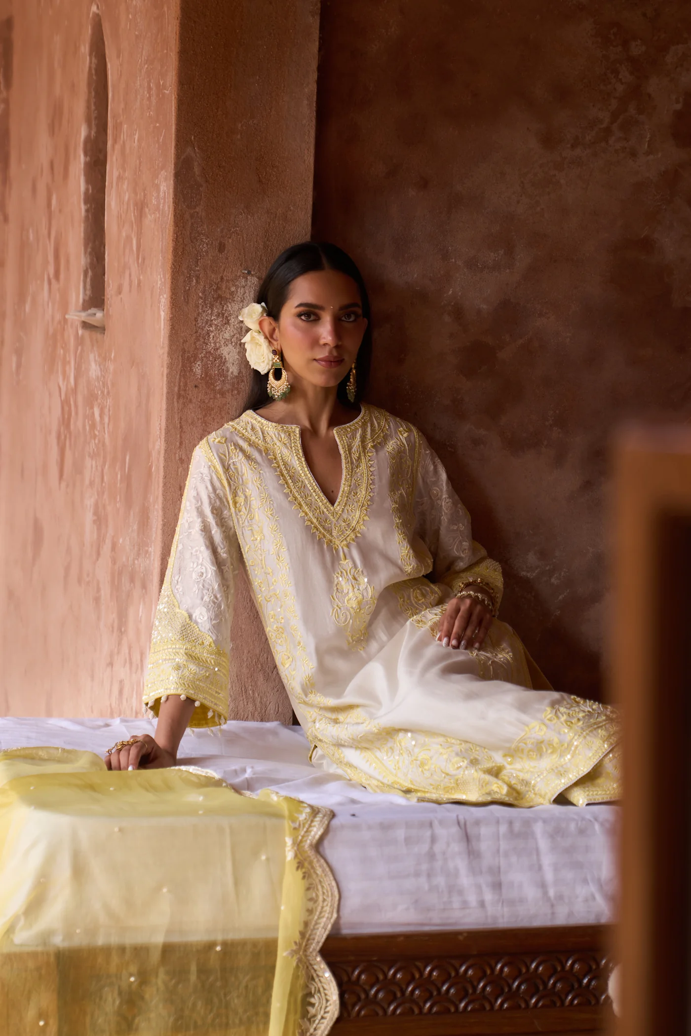 NURVI - DAISY IVORY WITH LEMON YELLOW LONG A-LINE KURTA WITH PALAZZO AND DUPATTA - Image 5