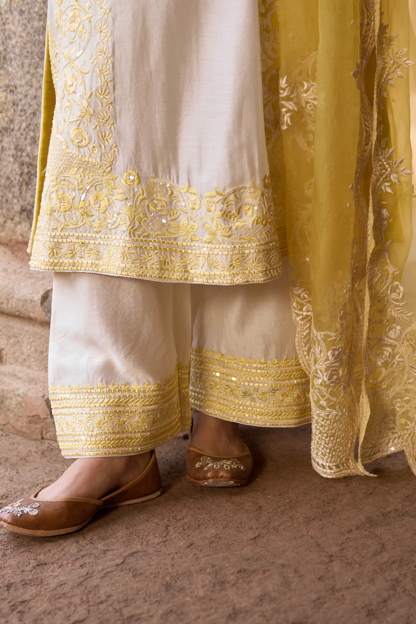 NURVI - DAISY IVORY WITH LEMON YELLOW LONG A-LINE KURTA WITH PALAZZO AND DUPATTA - Image 6