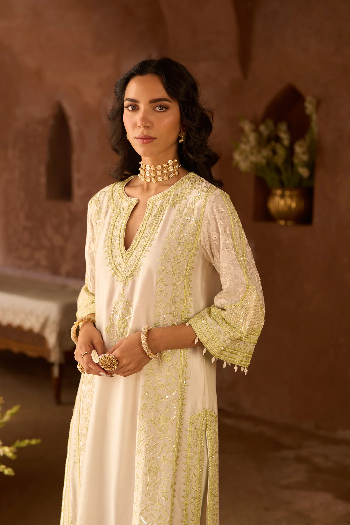 NURVI - DAISY IVORY WITH MINT GREEN LONG A-LINE KURTA WITH PALAZZO AND DUPATTA (LXRTS) - Image 2