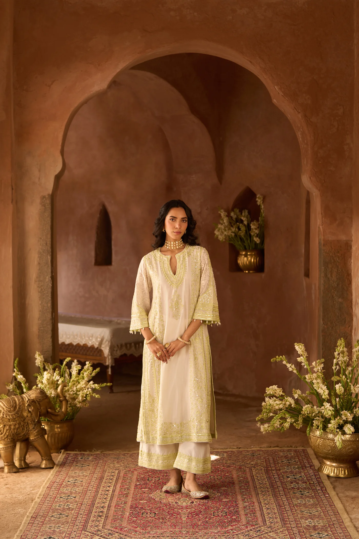 NURVI - DAISY IVORY WITH MINT GREEN LONG A-LINE KURTA WITH PALAZZO AND DUPATTA (LXRTS) - Image 3