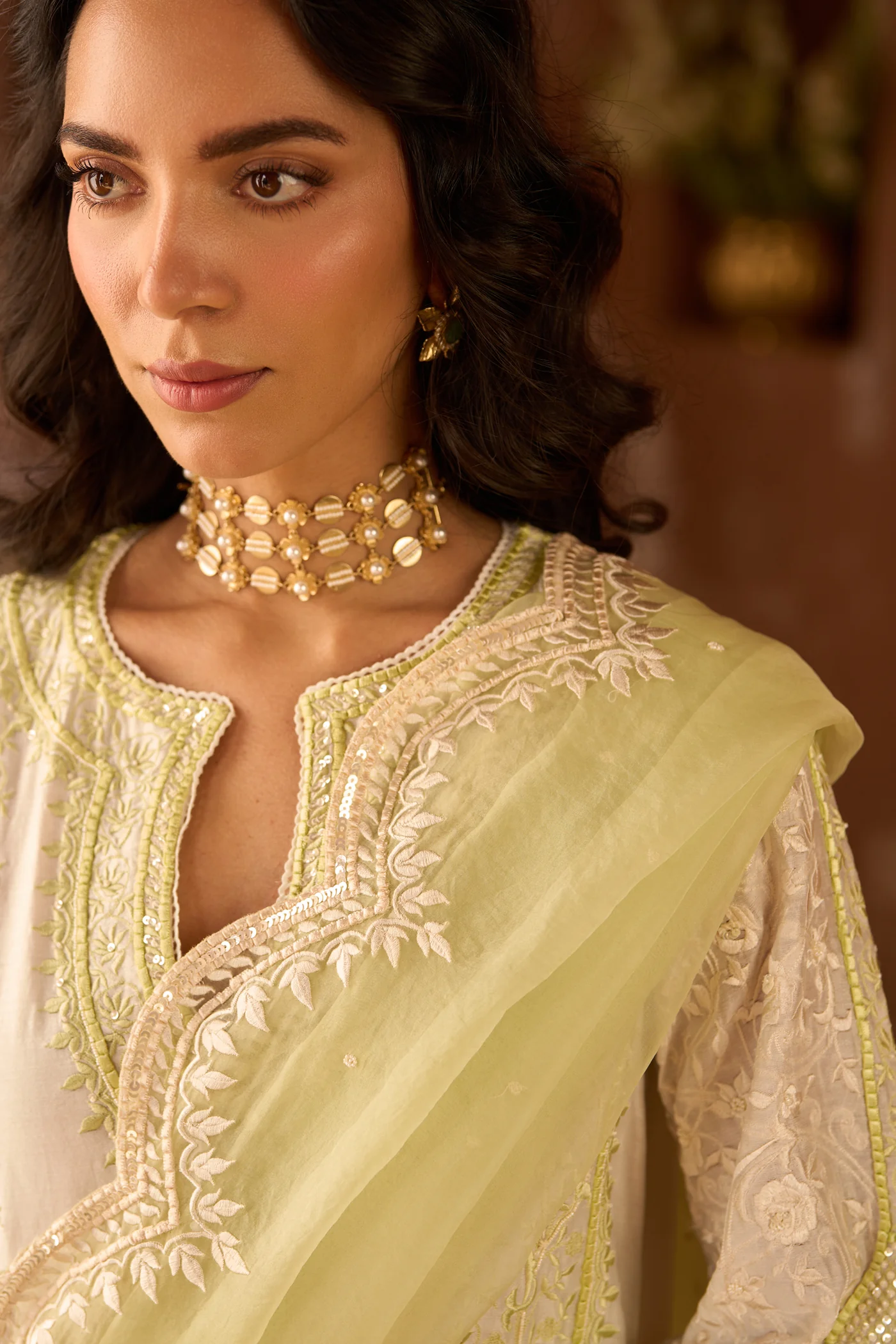 NURVI - DAISY IVORY WITH MINT GREEN LONG A-LINE KURTA WITH PALAZZO AND DUPATTA (LXRTS) - Image 4